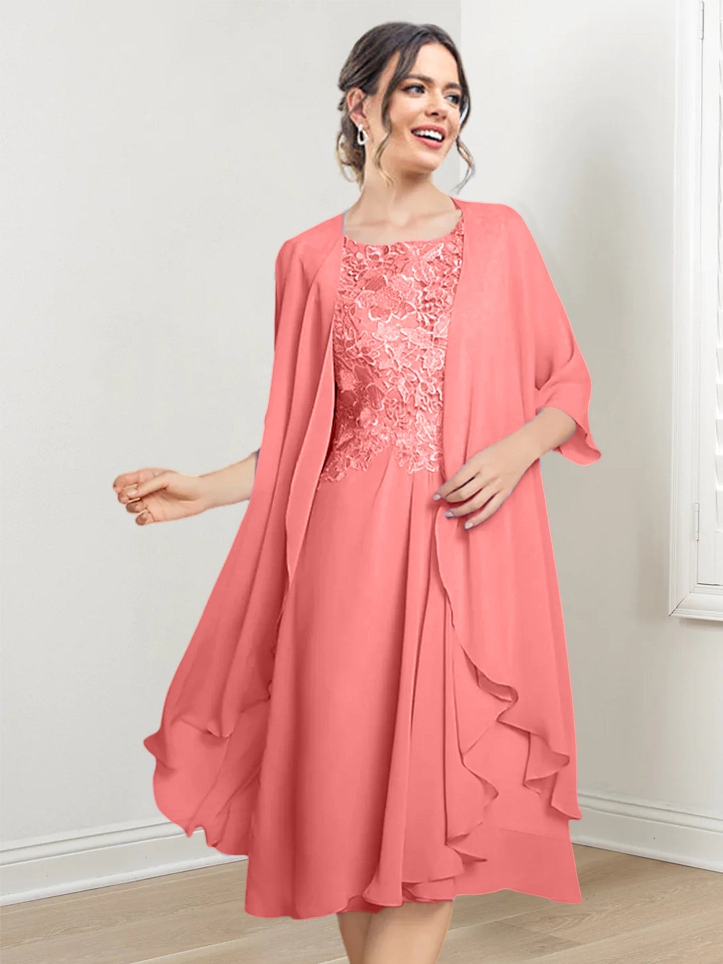 Vestidos de madre de la novia de corte A/princesa con escote redondo y largo hasta la rodilla