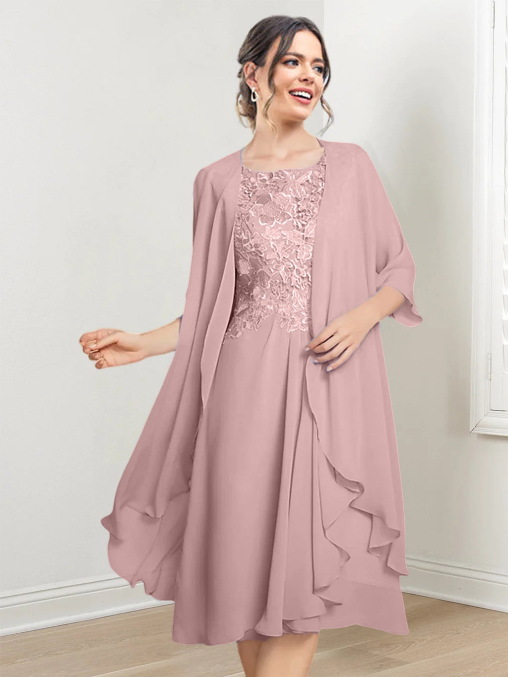 Vestidos de madre de la novia de corte A/princesa con escote redondo y largo hasta la rodilla