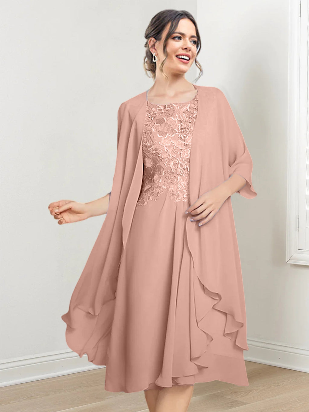 Vestidos de madre de la novia de corte A/princesa con escote redondo y largo hasta la rodilla