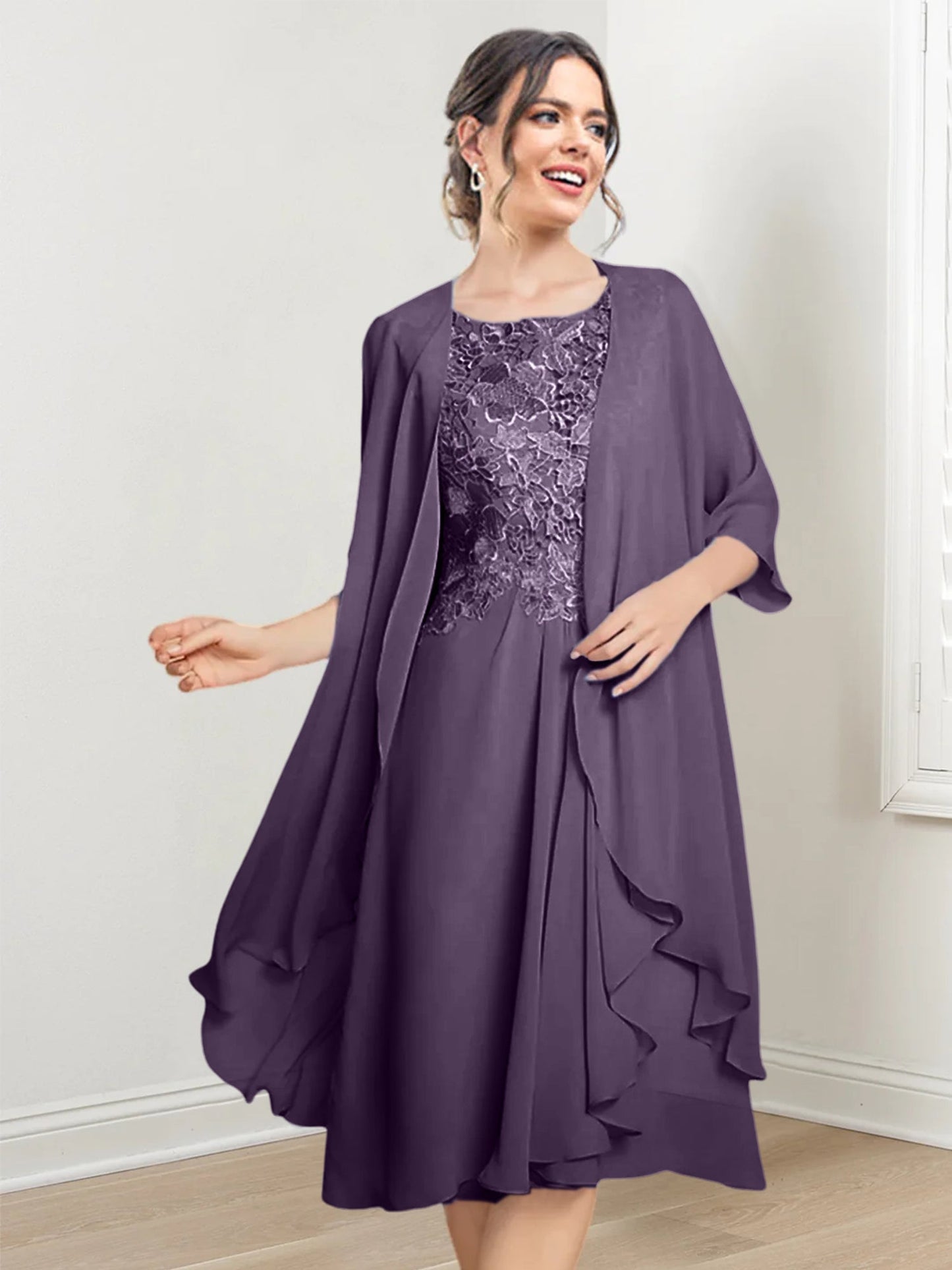 Vestidos de madre de la novia de corte A/princesa con escote redondo y largo hasta la rodilla