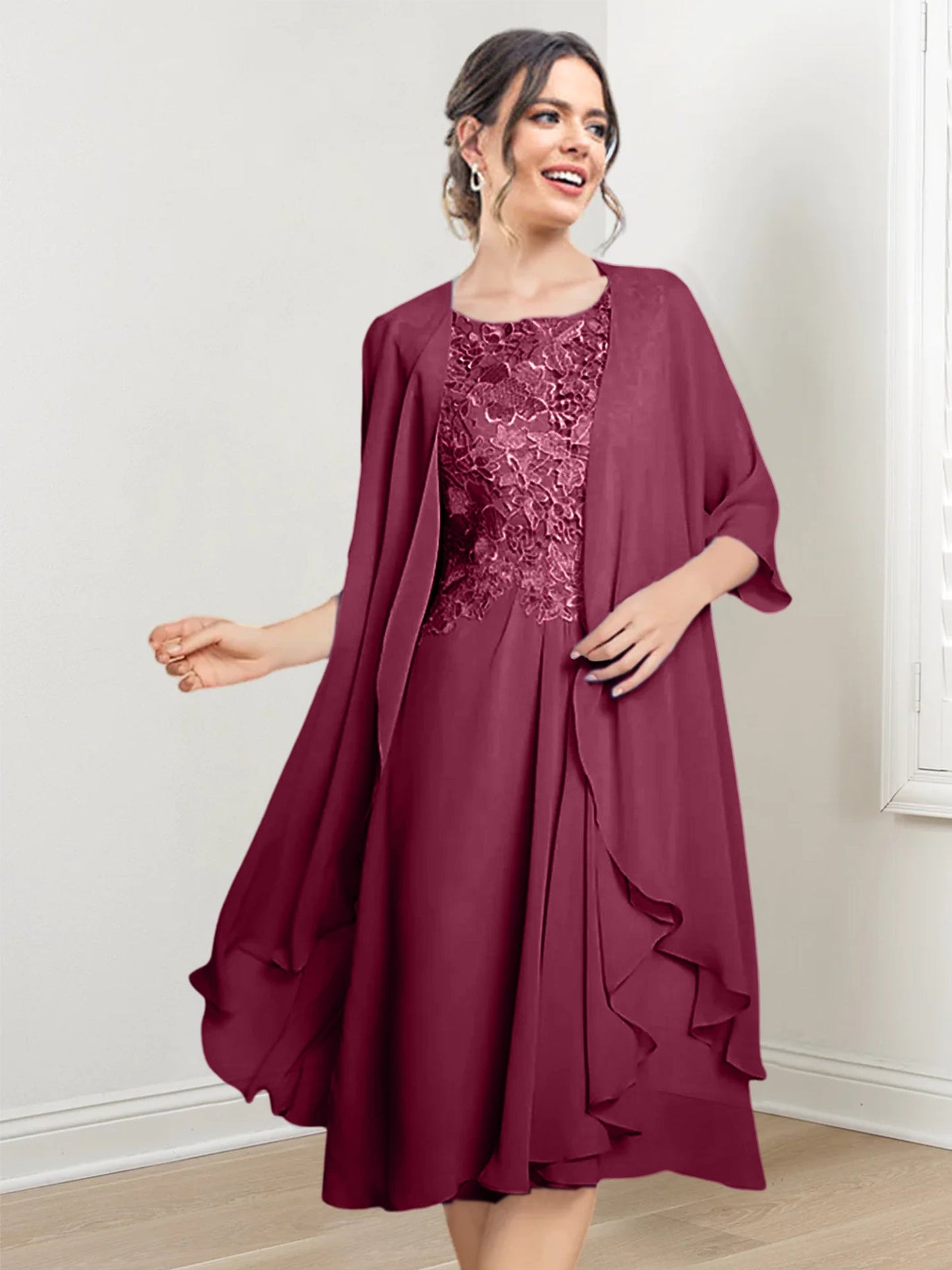 Vestidos de madre de la novia de corte A/princesa con escote redondo y largo hasta la rodilla