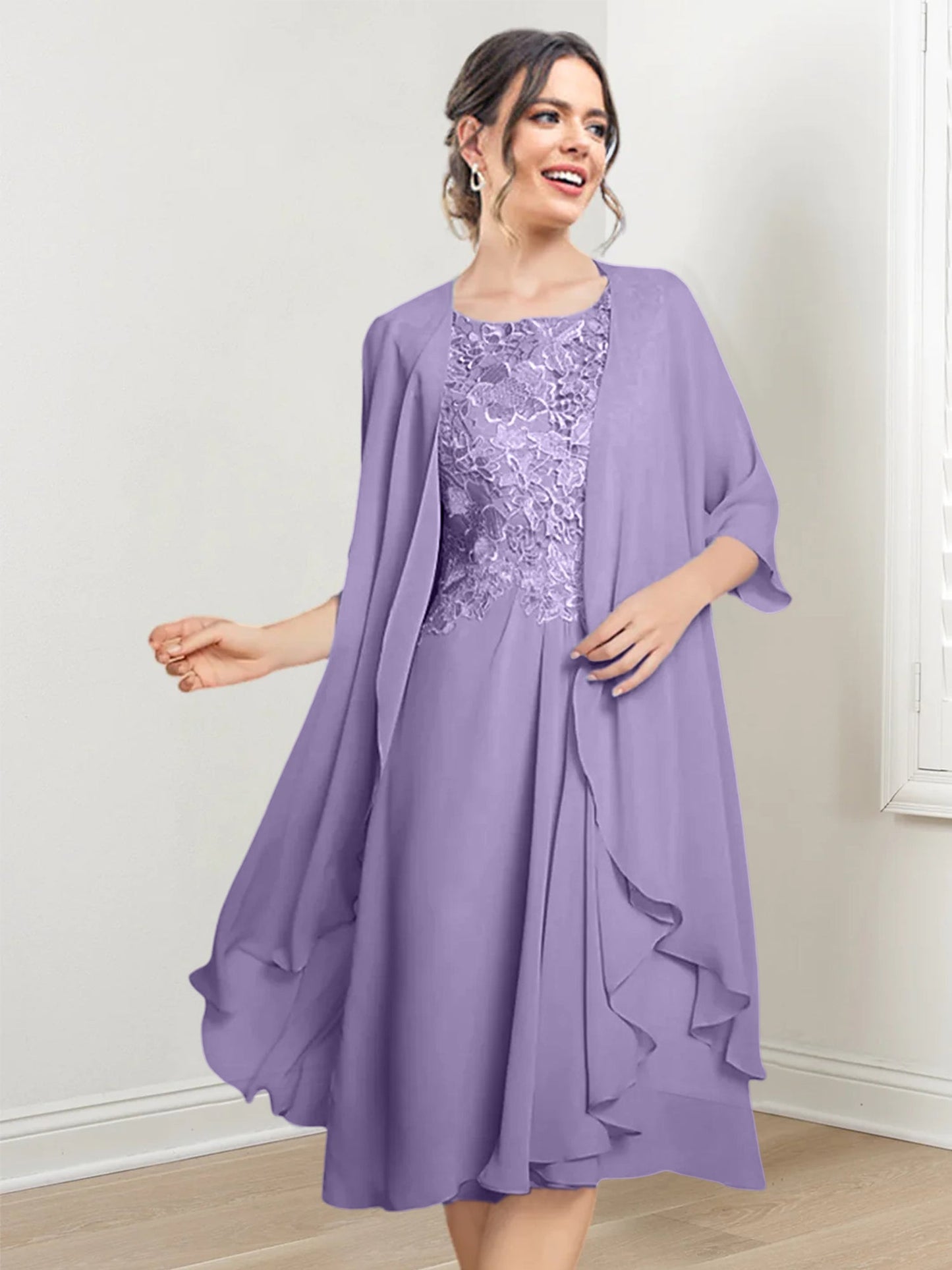 Vestidos de madre de la novia de corte A/princesa con escote redondo y largo hasta la rodilla