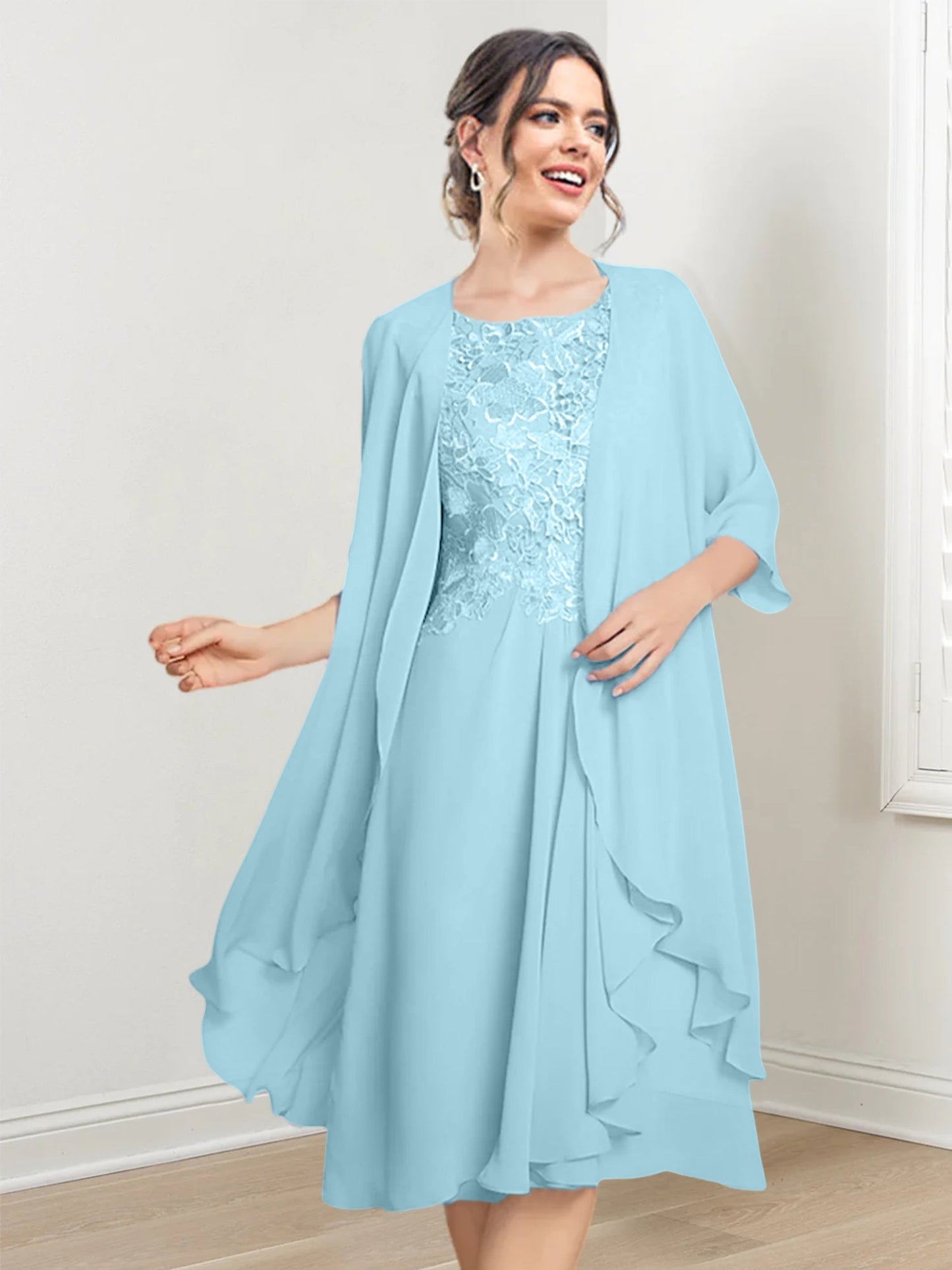 Vestidos de madre de la novia de corte A/princesa con escote redondo y largo hasta la rodilla