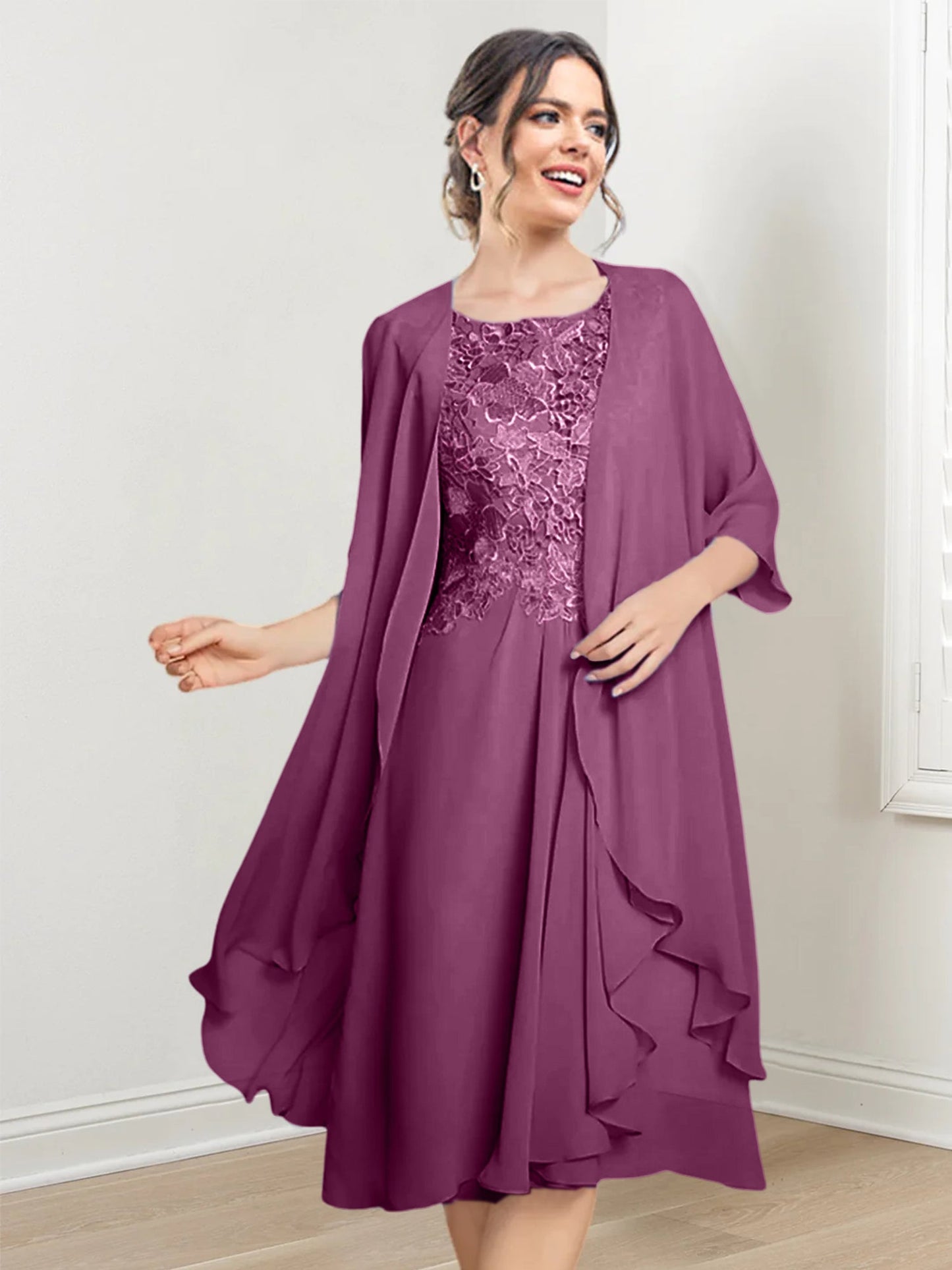 Vestidos de madre de la novia de corte A/princesa con escote redondo y largo hasta la rodilla