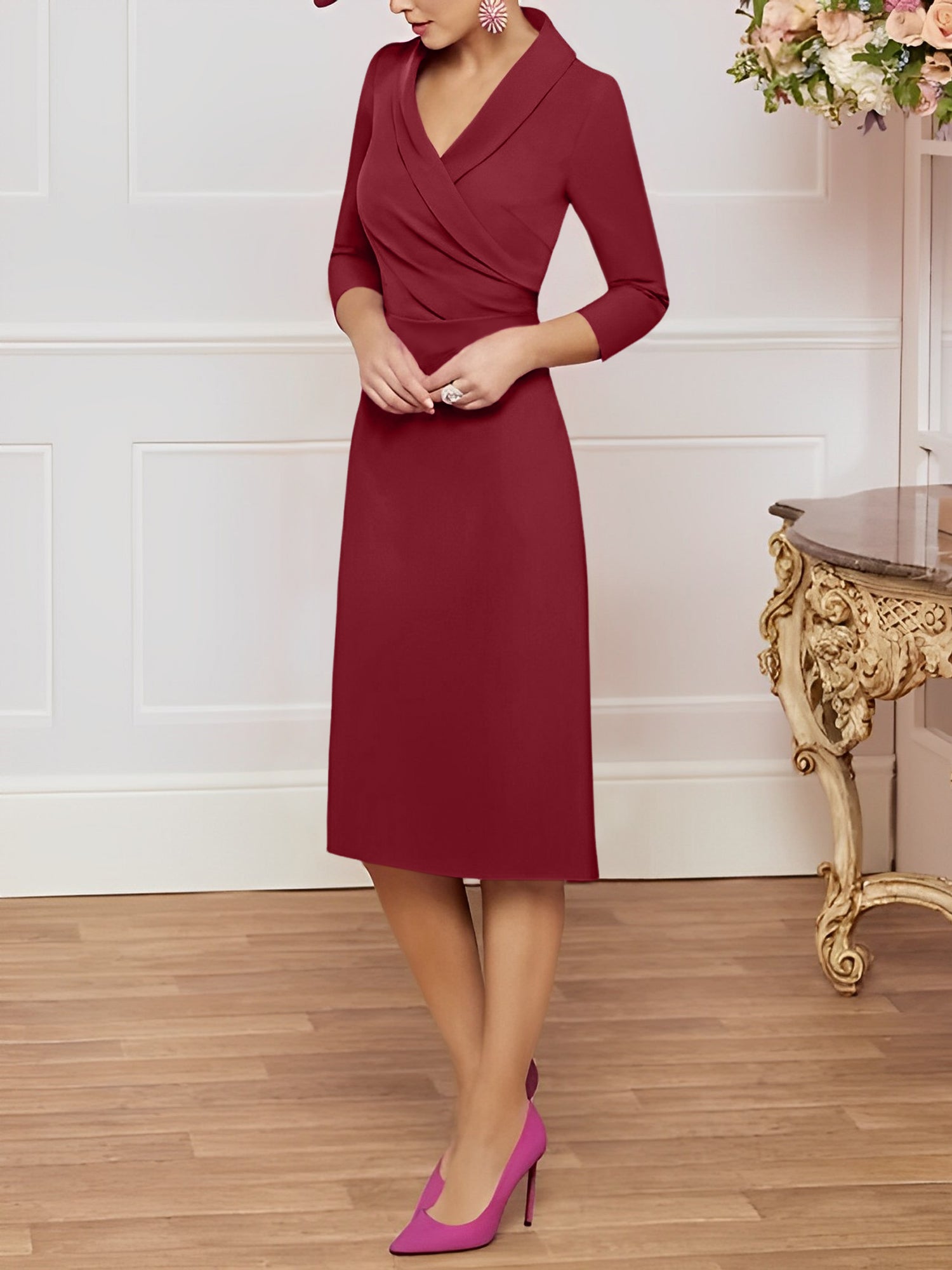 Vestidos para madre de la novia con escote en V, largo hasta la rodilla y corte tubo/columna