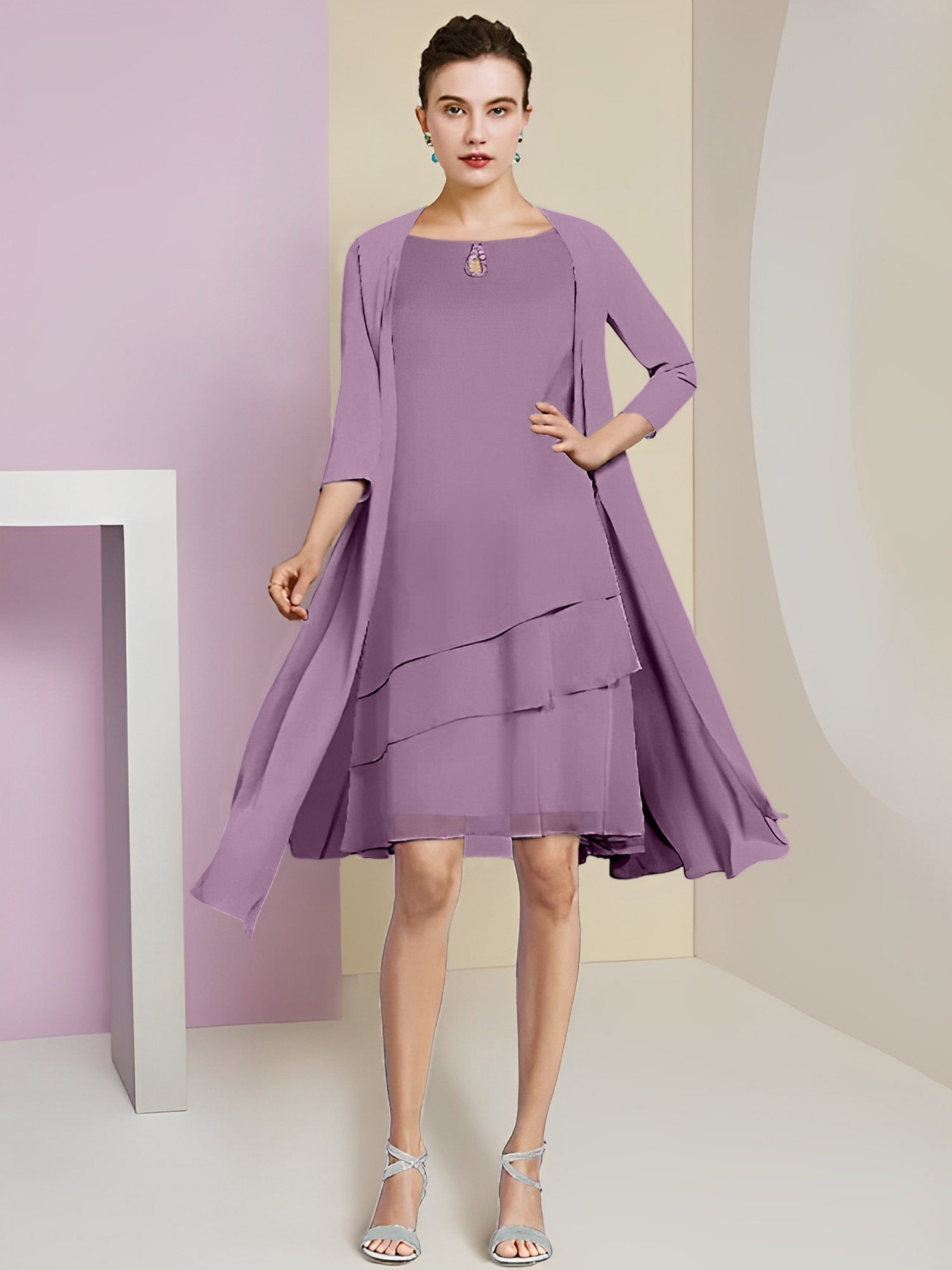 Vestidos de madre de la novia de corte A/princesa con escote joya y largo hasta la rodilla