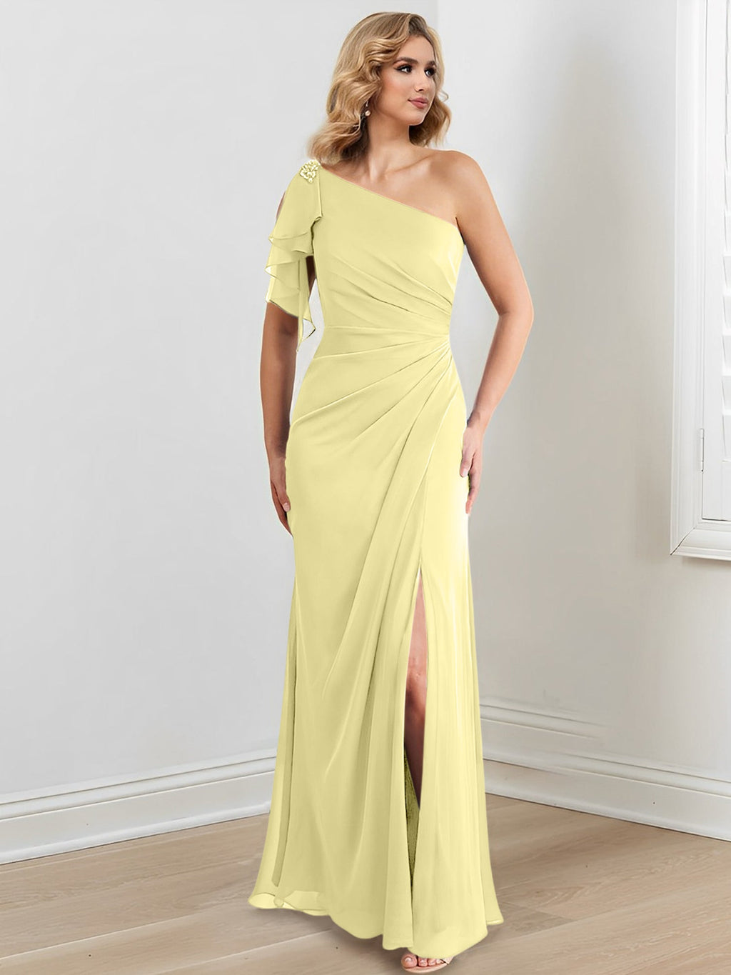 Vestidos para madre de la novia con corte tubo/columna, un hombro al aire y largo hasta el suelo