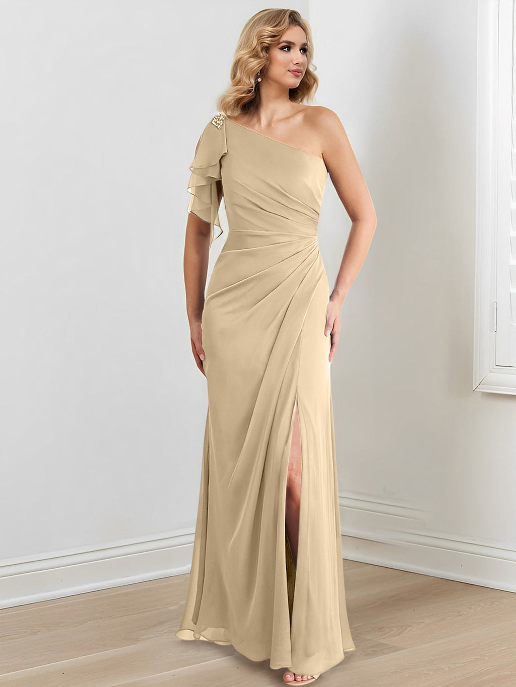 Vestidos para madre de la novia con corte tubo/columna, un hombro al aire y largo hasta el suelo
