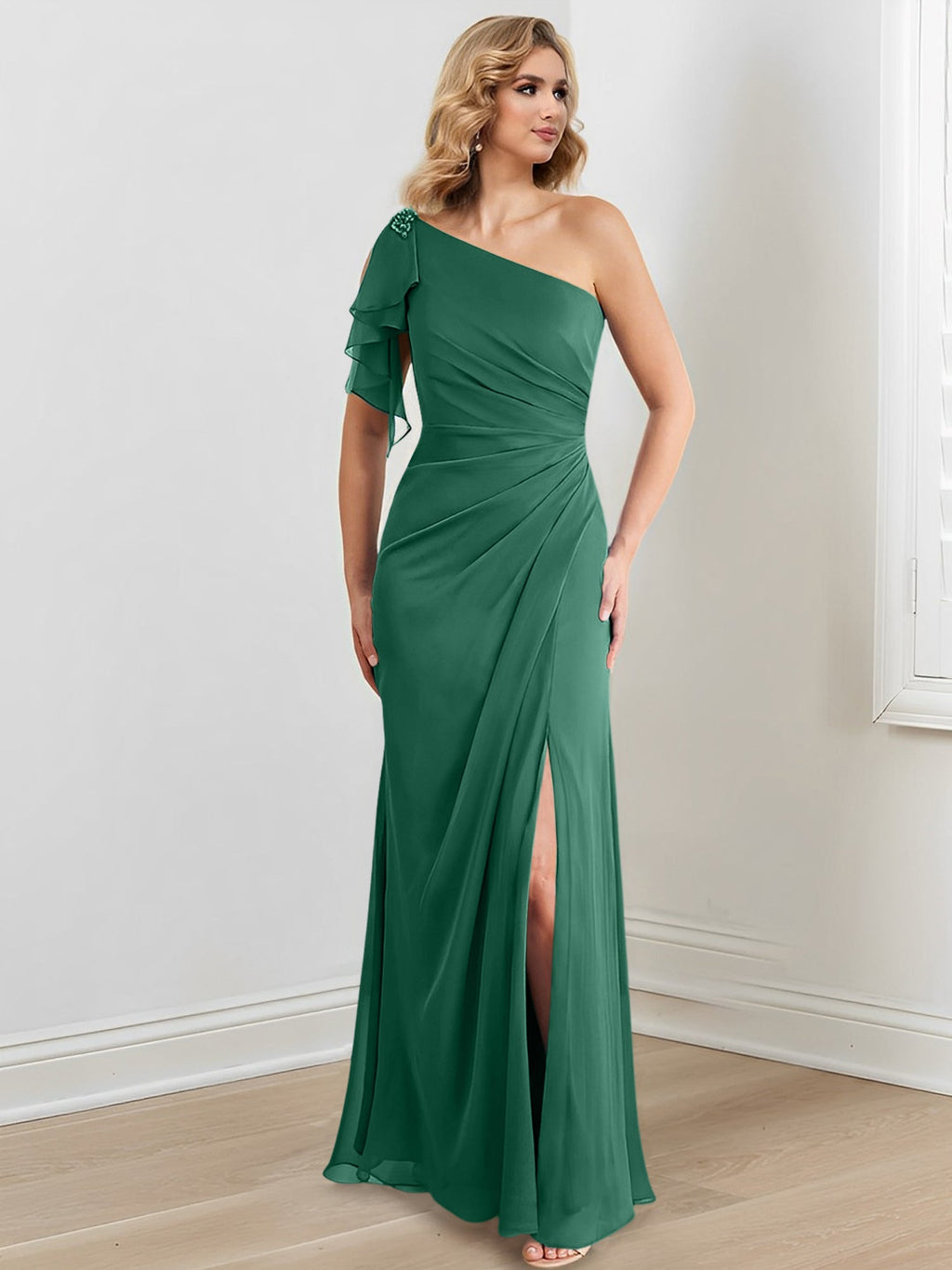 Vestidos para madre de la novia con corte tubo/columna, un hombro al aire y largo hasta el suelo