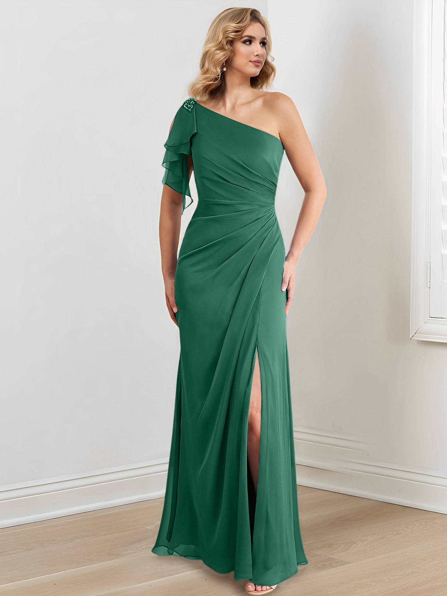Vestidos para madre de la novia con corte tubo/columna, un hombro al aire y largo hasta el suelo