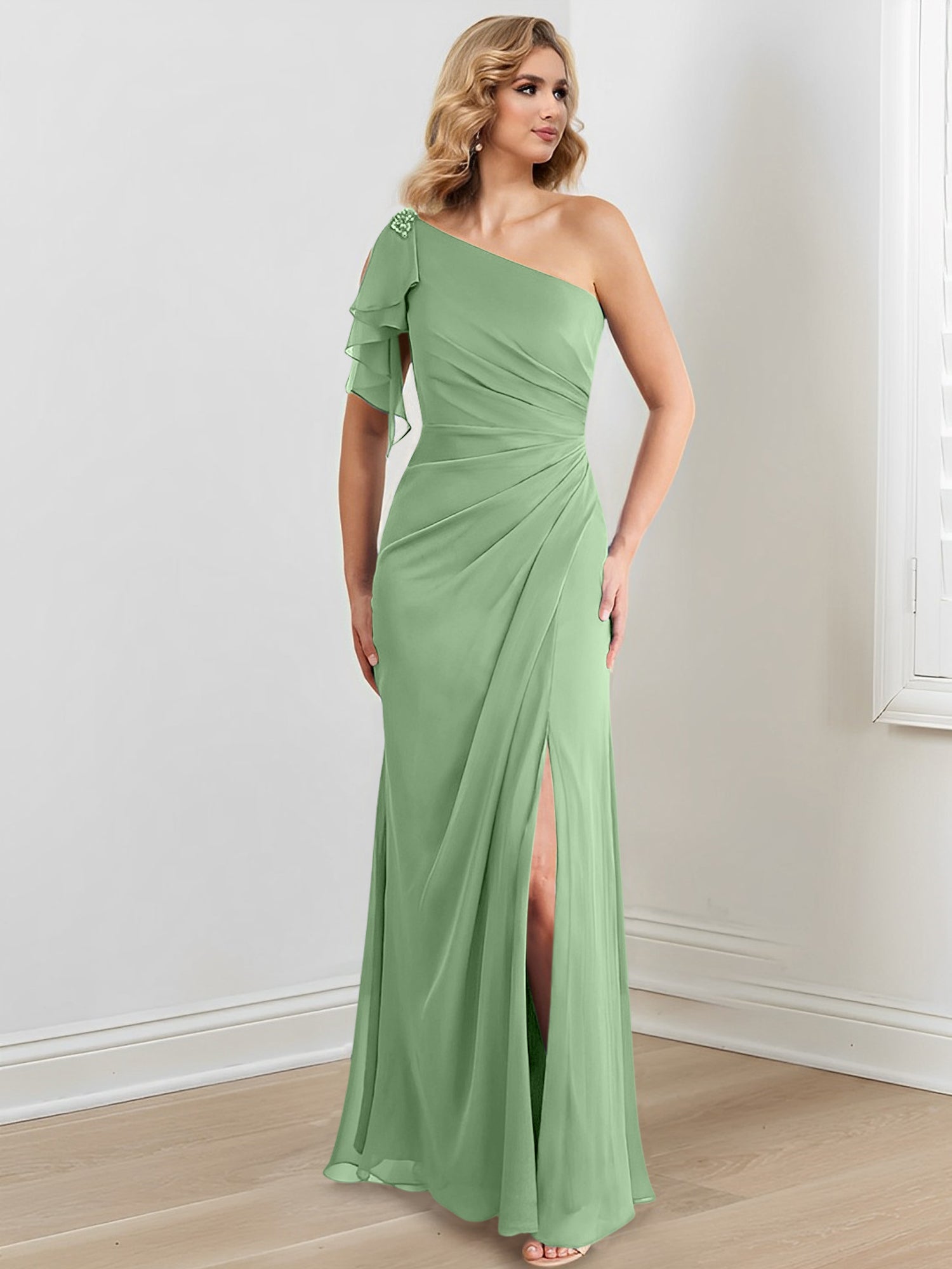Vestidos para madre de la novia con corte tubo/columna, un hombro al aire y largo hasta el suelo