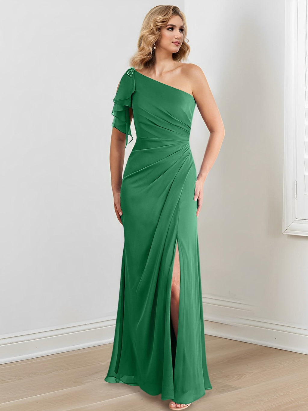 Vestidos para madre de la novia con corte tubo/columna, un hombro al aire y largo hasta el suelo