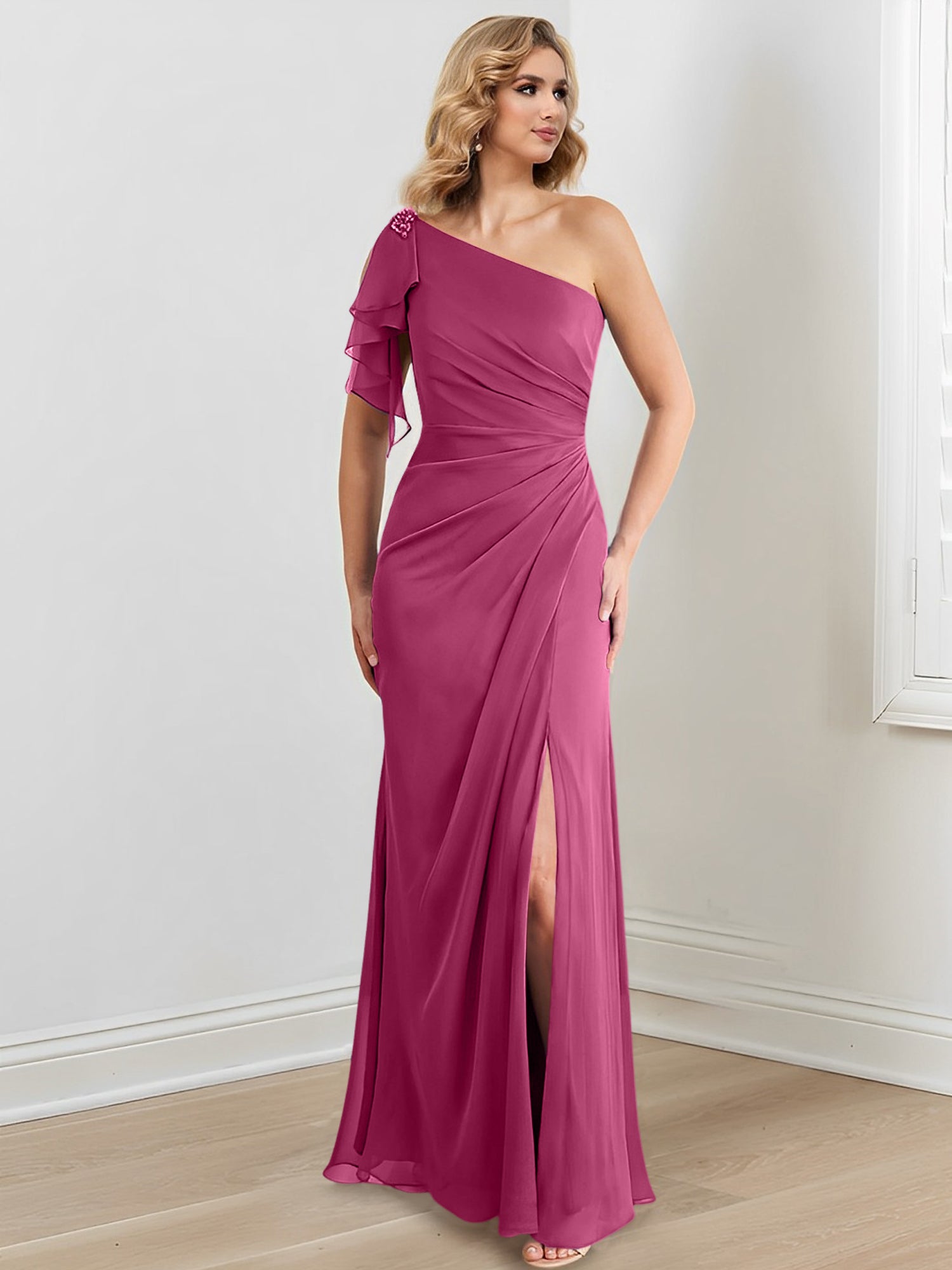 Vestidos para madre de la novia con corte tubo/columna, un hombro al aire y largo hasta el suelo