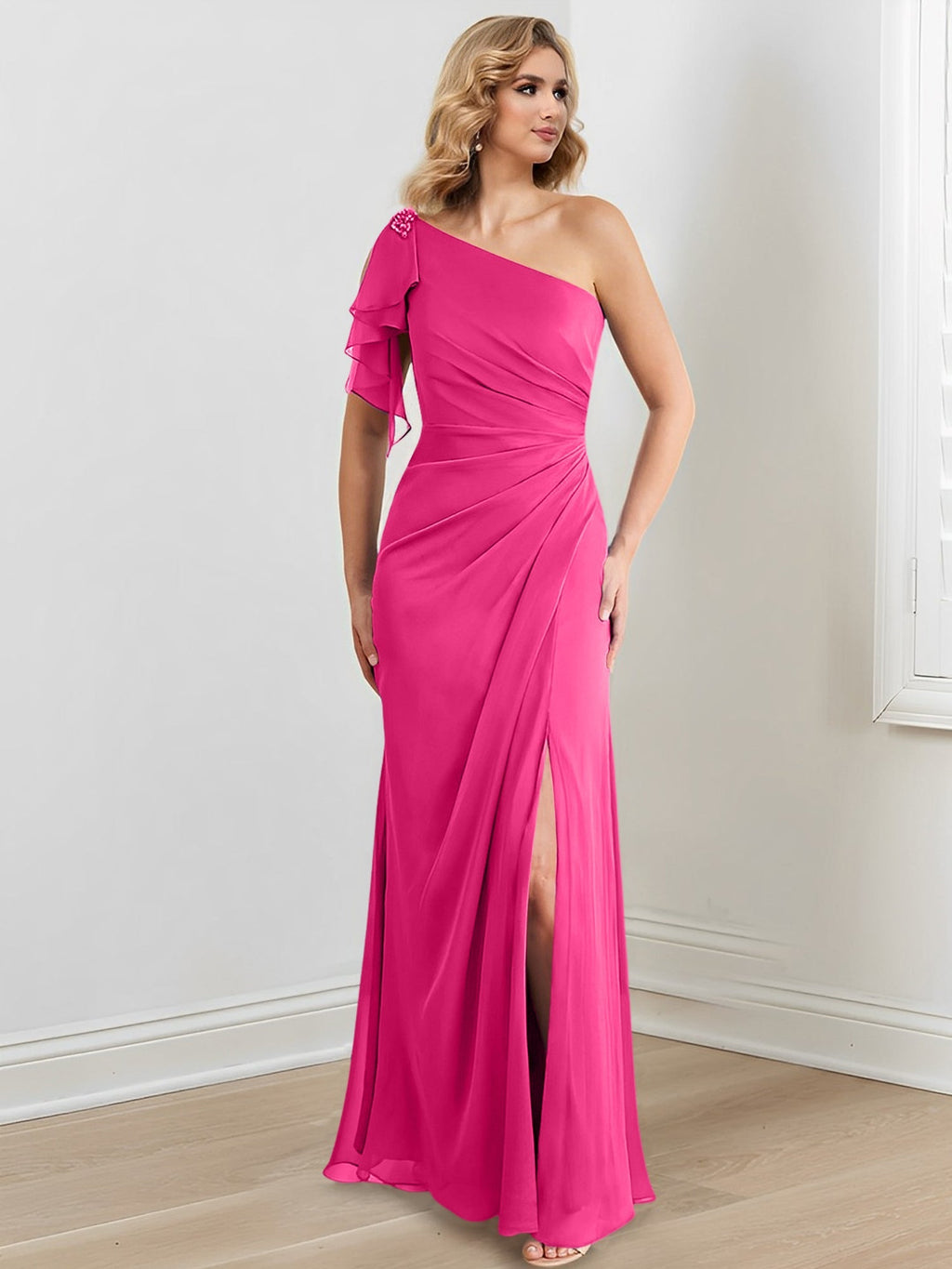 Vestidos para madre de la novia con corte tubo/columna, un hombro al aire y largo hasta el suelo