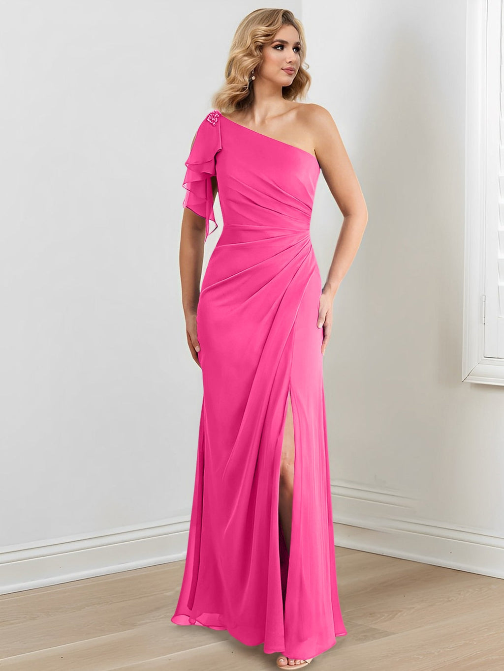 Vestidos para madre de la novia con corte tubo/columna, un hombro al aire y largo hasta el suelo