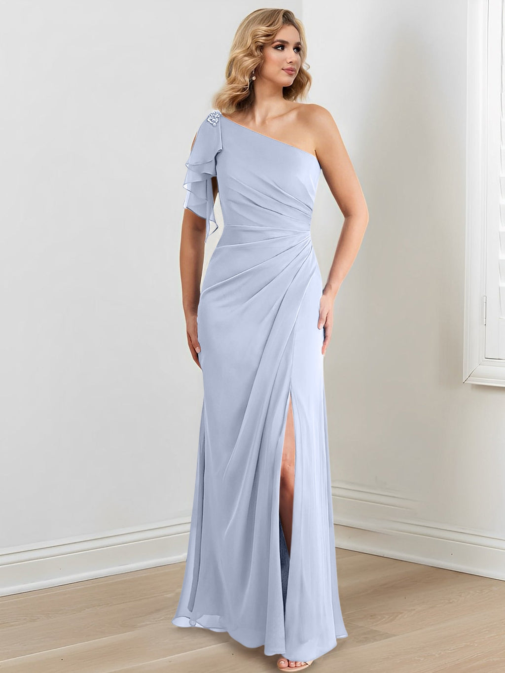 Vestidos para madre de la novia con corte tubo/columna, un hombro al aire y largo hasta el suelo