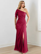 Vestidos para madre de la novia con corte tubo/columna, un hombro al aire y largo hasta el suelo