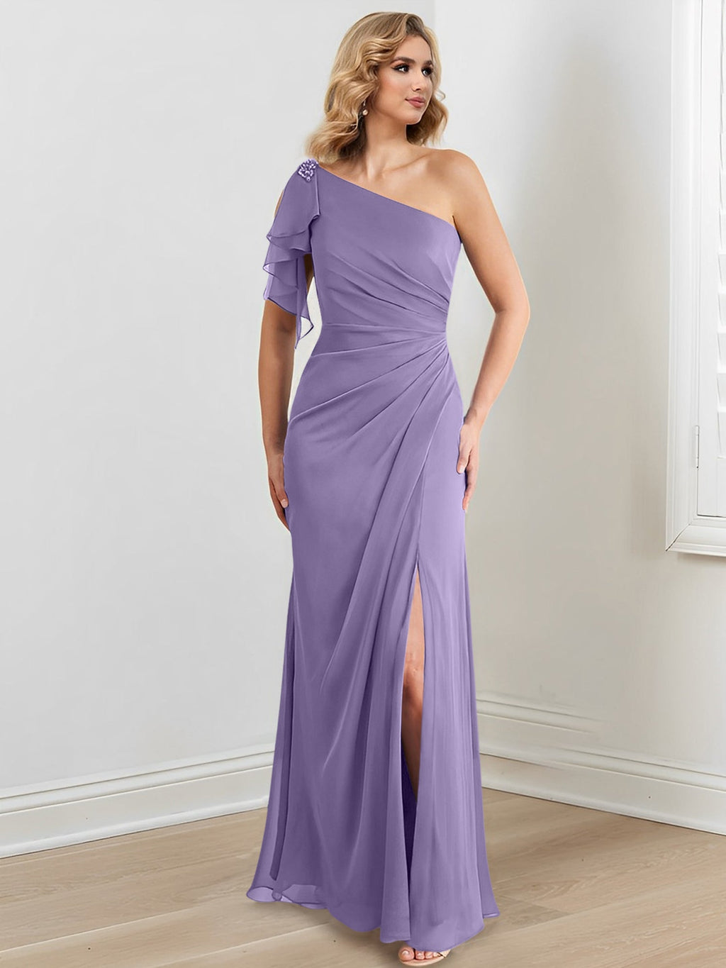Vestidos para madre de la novia con corte tubo/columna, un hombro al aire y largo hasta el suelo