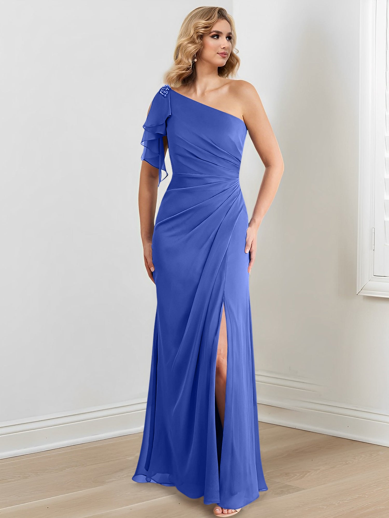 Vestidos para madre de la novia con corte tubo/columna, un hombro al aire y largo hasta el suelo