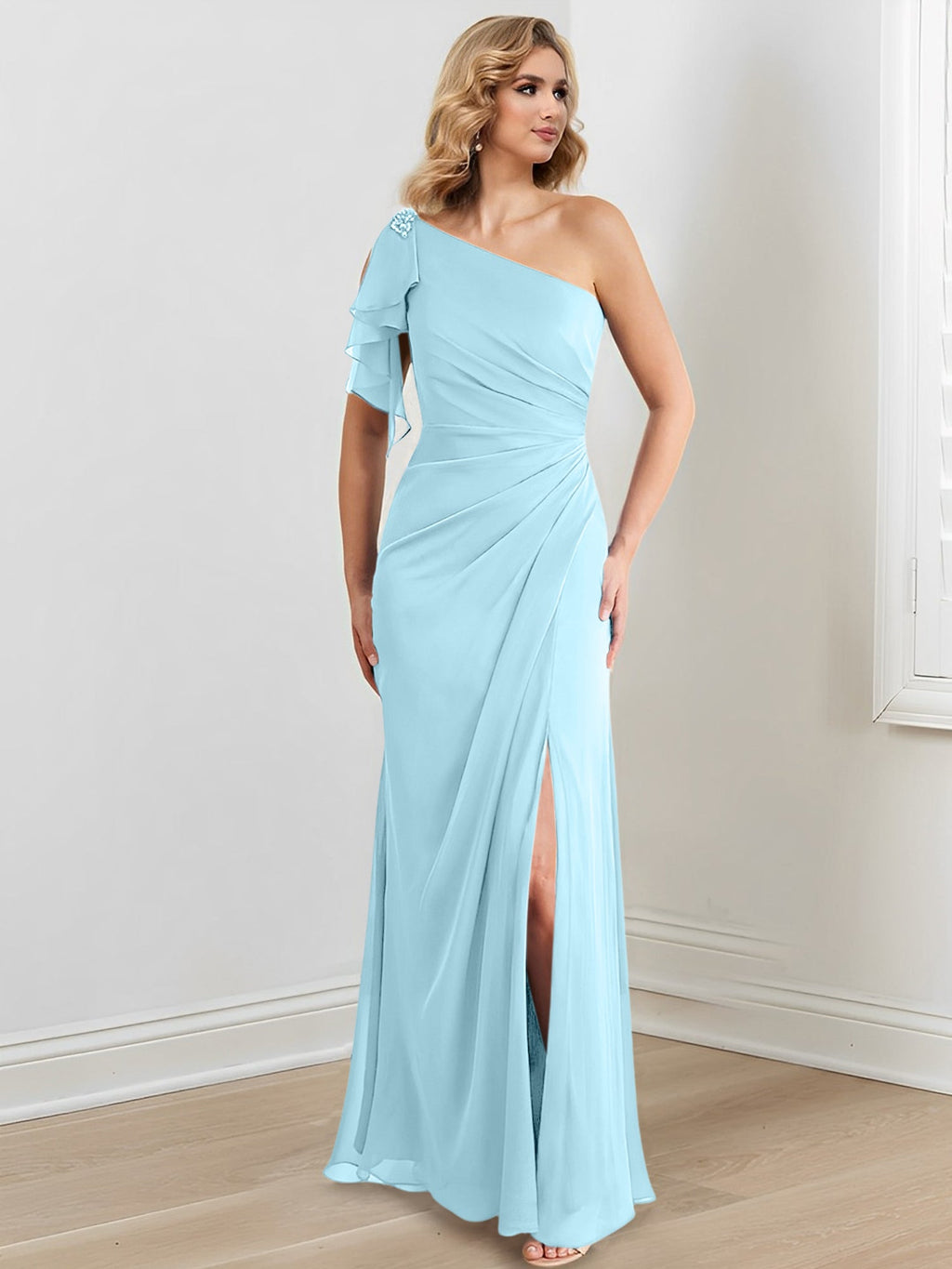 Vestidos para madre de la novia con corte tubo/columna, un hombro al aire y largo hasta el suelo