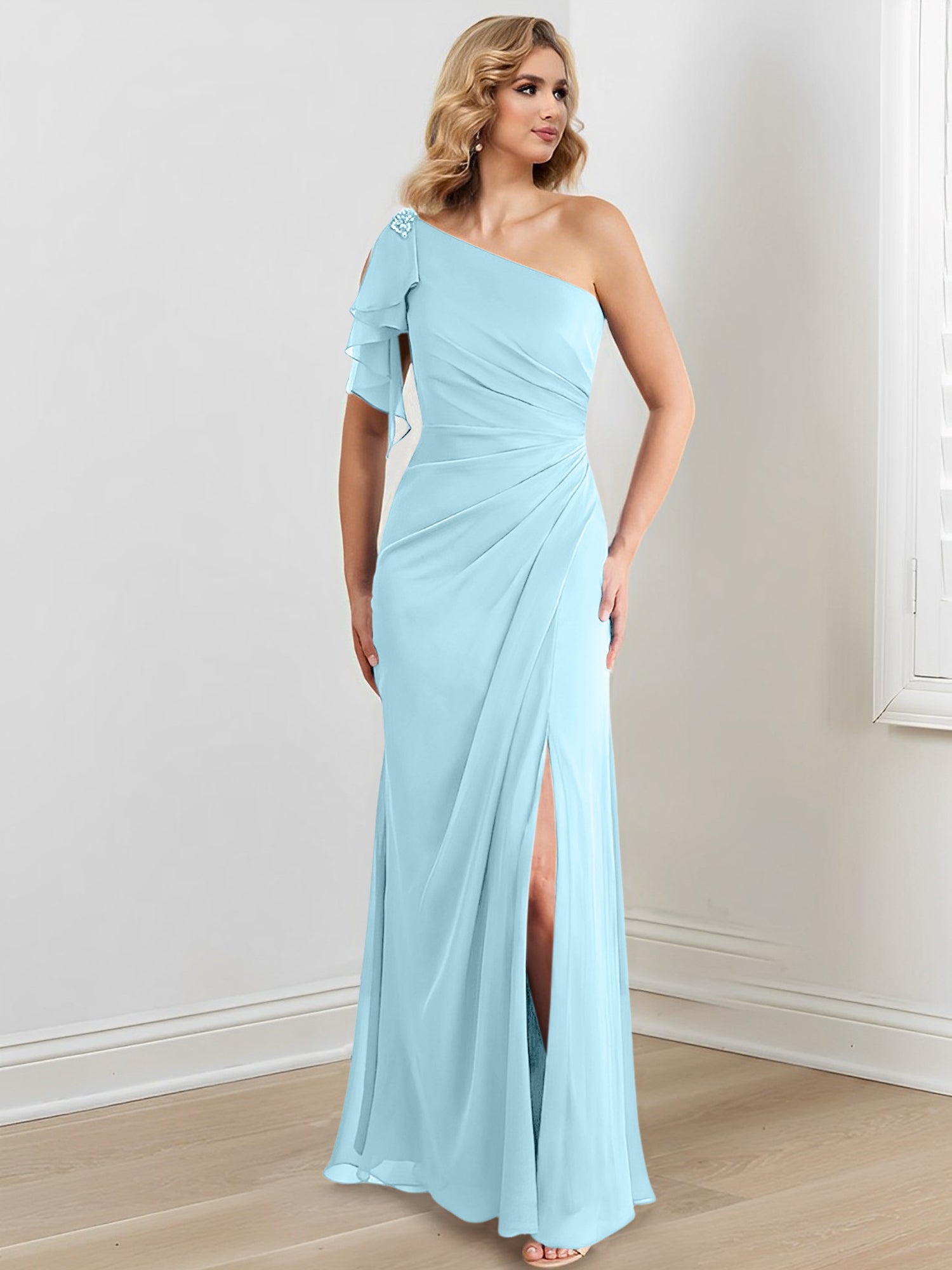 Vestidos para madre de la novia con corte tubo/columna, un hombro al aire y largo hasta el suelo