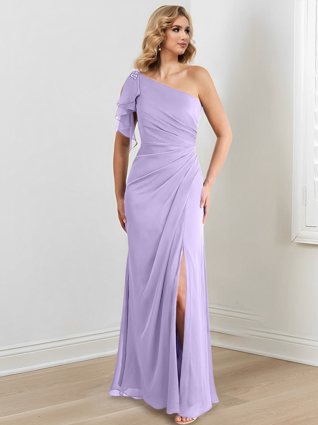 Vestidos para madre de la novia con corte tubo/columna, un hombro al aire y largo hasta el suelo