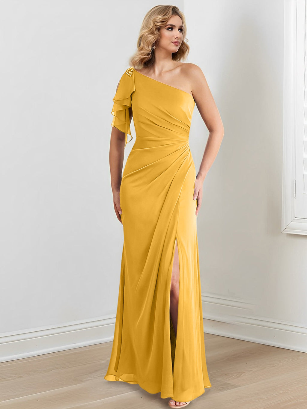 Vestidos para madre de la novia con corte tubo/columna, un hombro al aire y largo hasta el suelo