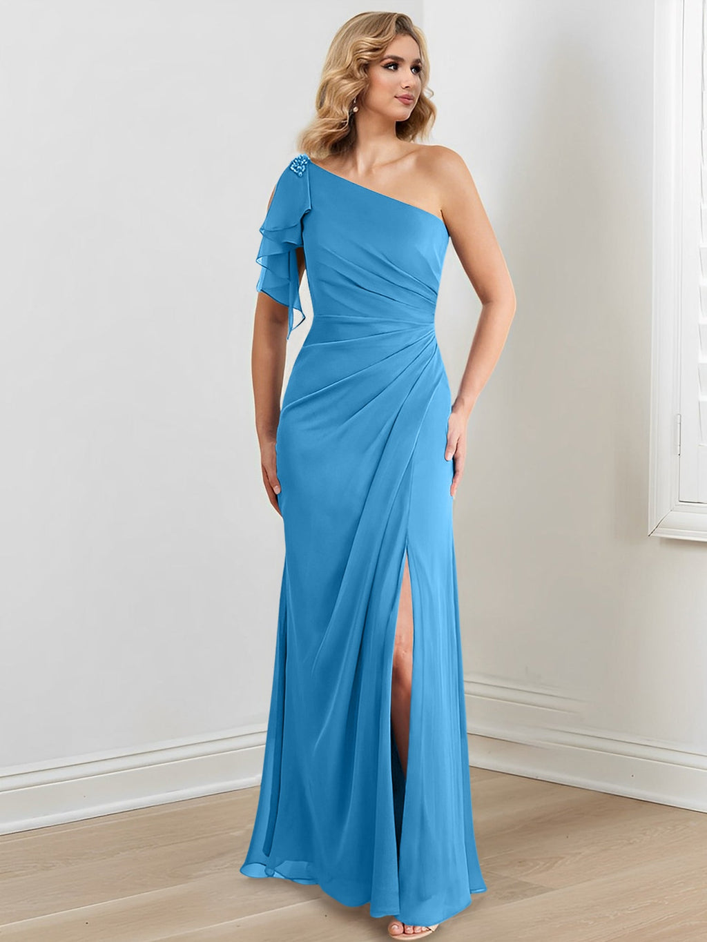 Vestidos para madre de la novia con corte tubo/columna, un hombro al aire y largo hasta el suelo