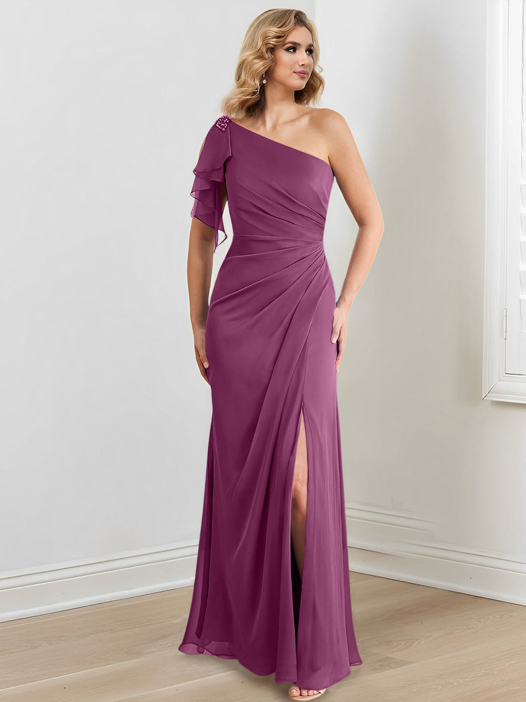 Vestidos para madre de la novia con corte tubo/columna, un hombro al aire y largo hasta el suelo