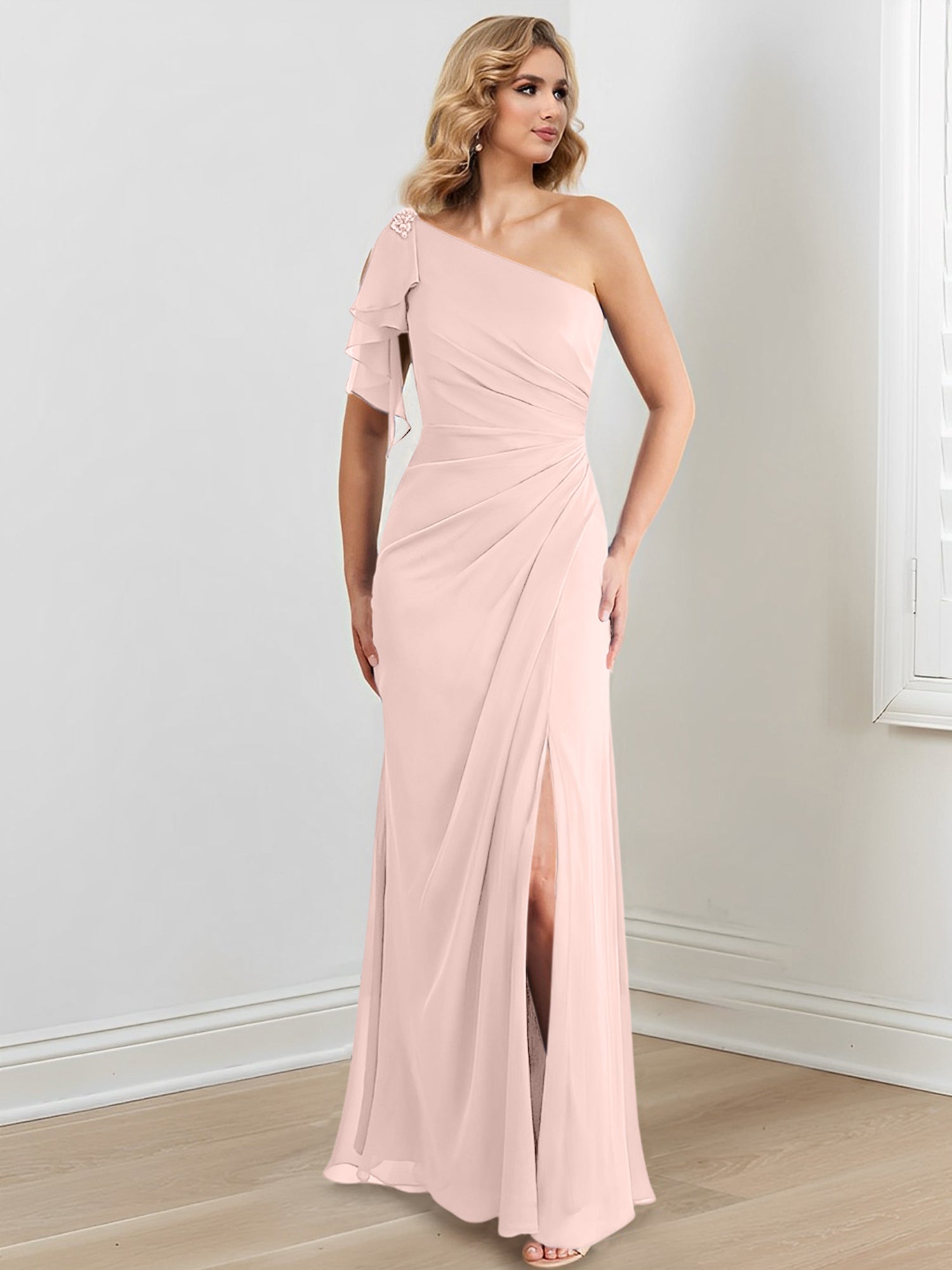 Vestidos para madre de la novia con corte tubo/columna, un hombro al aire y largo hasta el suelo