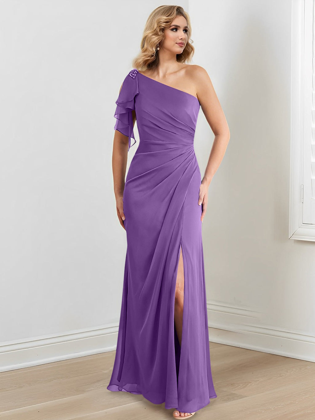 Vestidos para madre de la novia con corte tubo/columna, un hombro al aire y largo hasta el suelo