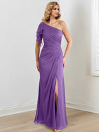 Vestidos para madre de la novia con corte tubo/columna, un hombro al aire y largo hasta el suelo