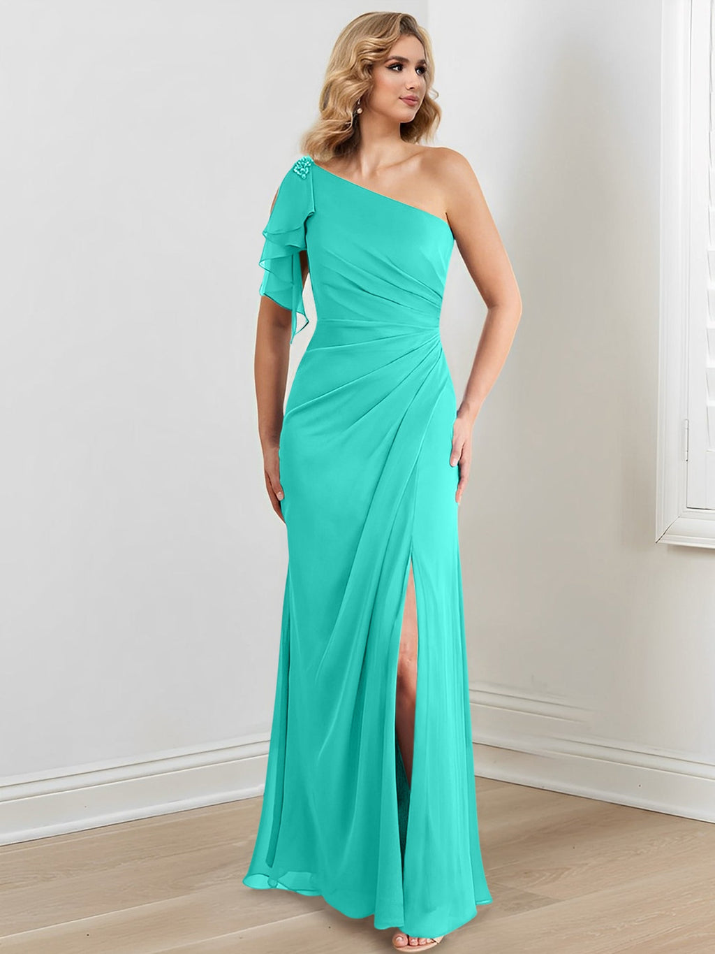 Vestidos para madre de la novia con corte tubo/columna, un hombro al aire y largo hasta el suelo