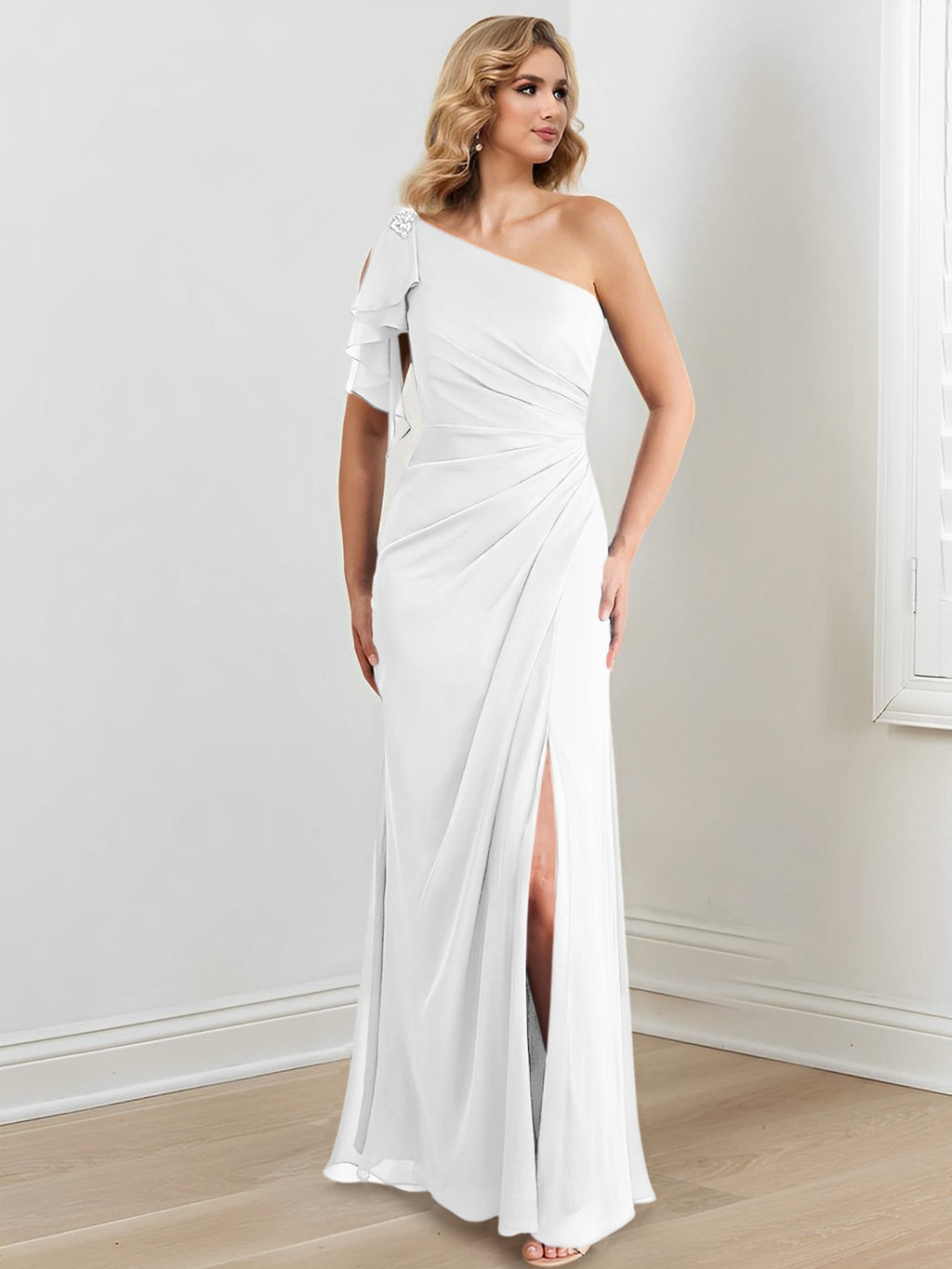 Vestidos para madre de la novia con corte tubo/columna, un hombro al aire y largo hasta el suelo