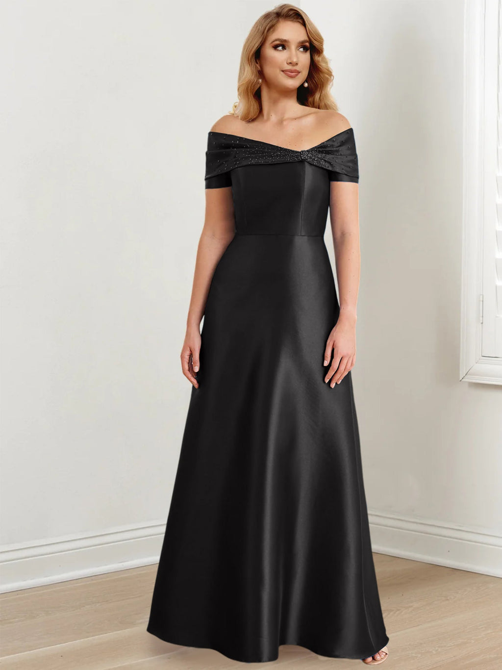 Vestidos de madre de la novia de corte A/princesa, hombros descubiertos y largo hasta el suelo