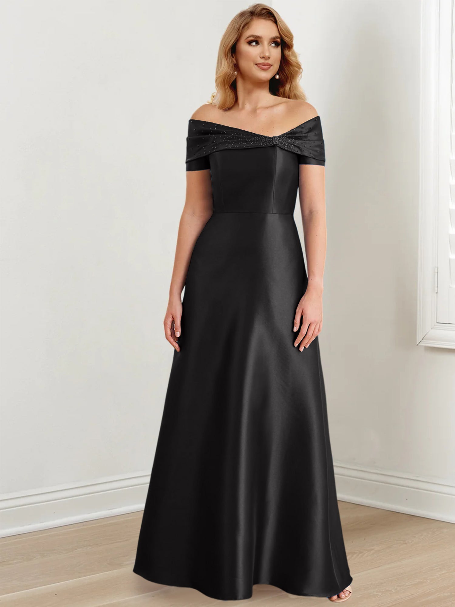 Vestidos de madre de la novia de corte A/princesa, hombros descubiertos y largo hasta el suelo