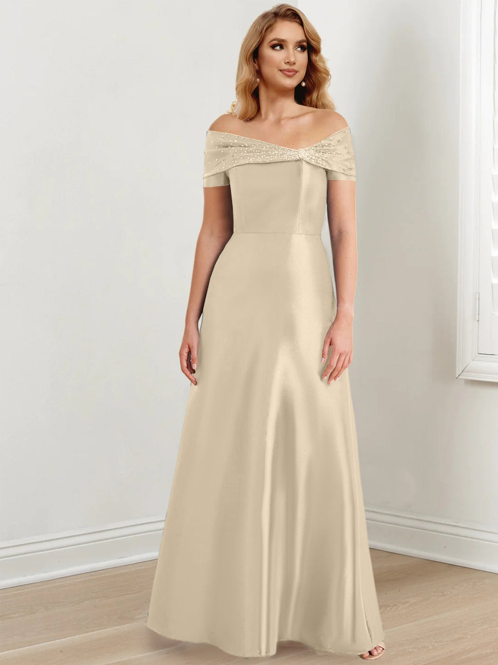 Vestidos de madre de la novia de corte A/princesa, hombros descubiertos y largo hasta el suelo