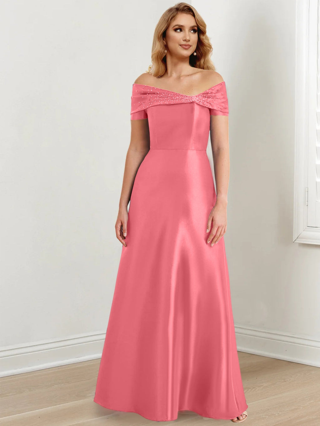 Vestidos de madre de la novia de corte A/princesa, hombros descubiertos y largo hasta el suelo