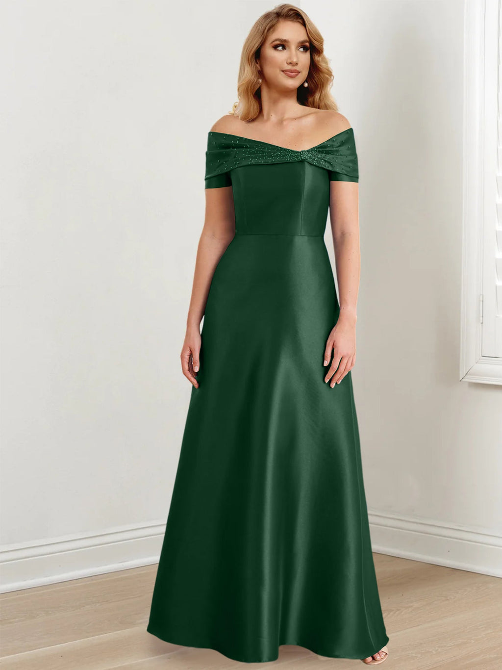 Vestidos de madre de la novia de corte A/princesa, hombros descubiertos y largo hasta el suelo