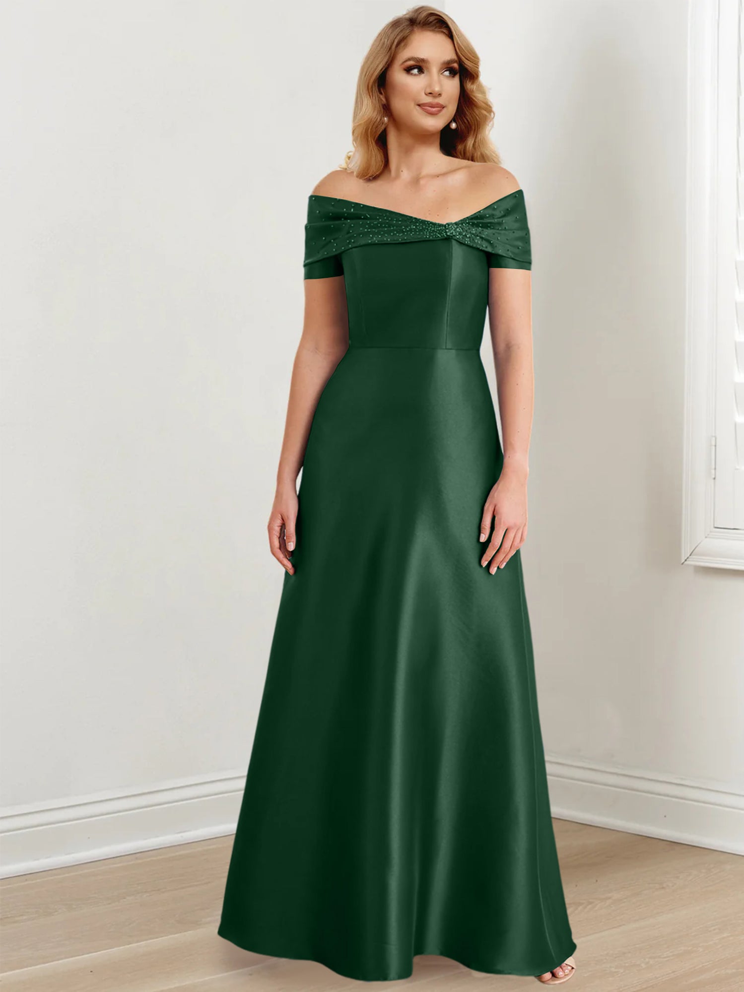 Vestidos de madre de la novia de corte A/princesa, hombros descubiertos y largo hasta el suelo
