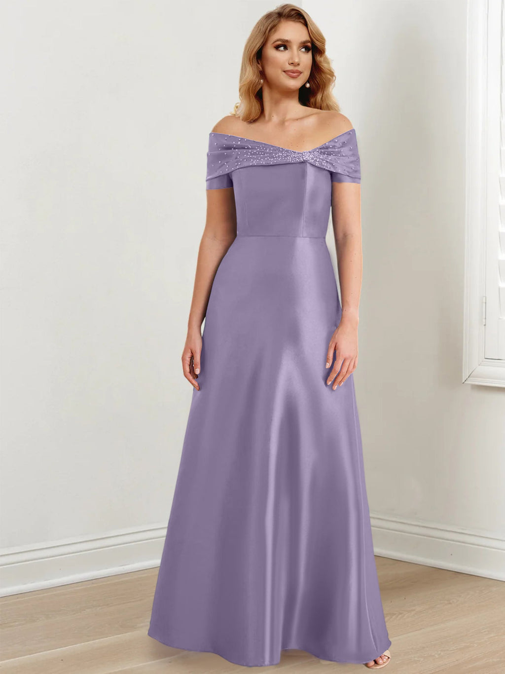 Vestidos de madre de la novia de corte A/princesa, hombros descubiertos y largo hasta el suelo