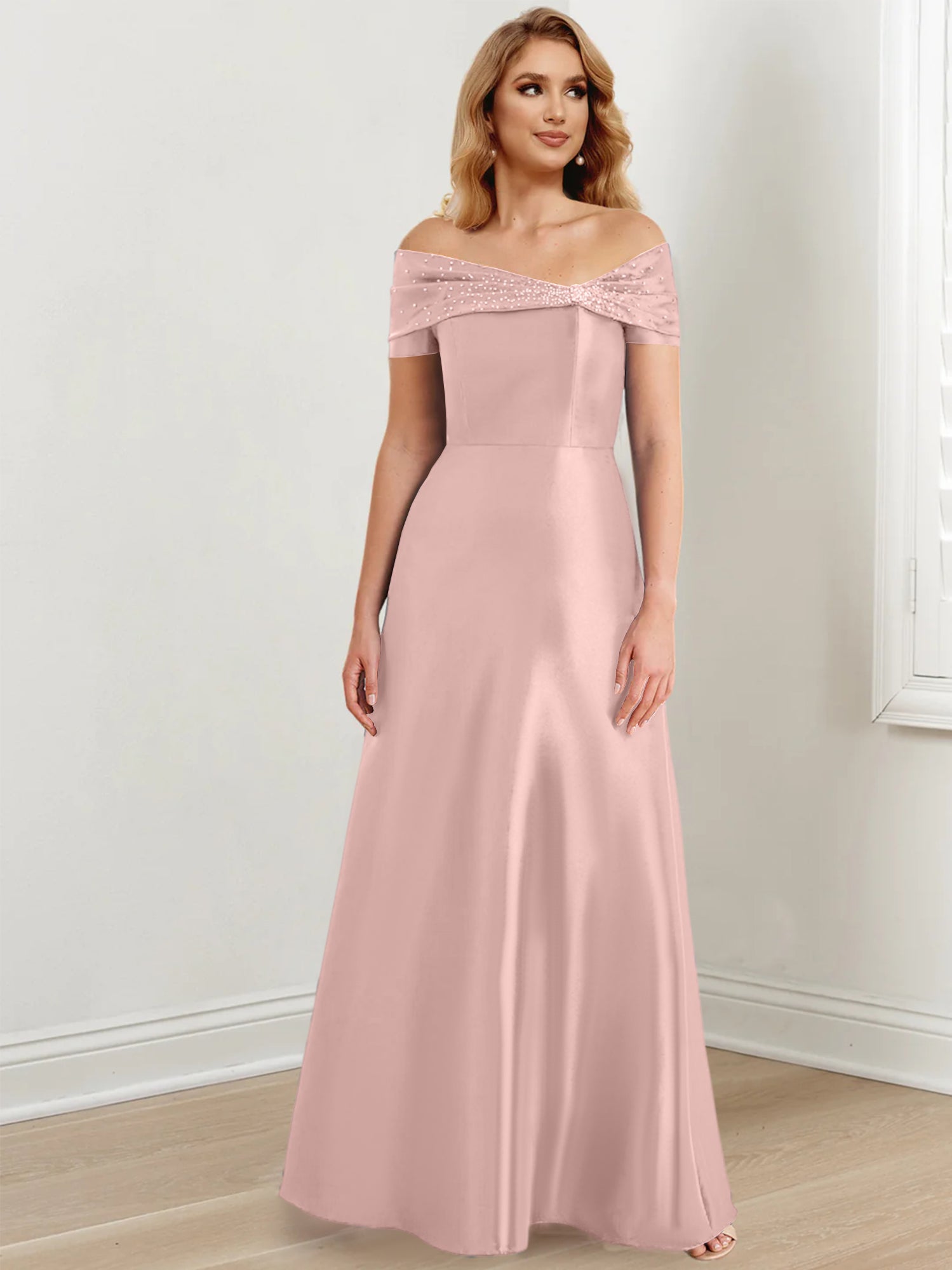 Vestidos de madre de la novia de corte A/princesa, hombros descubiertos y largo hasta el suelo