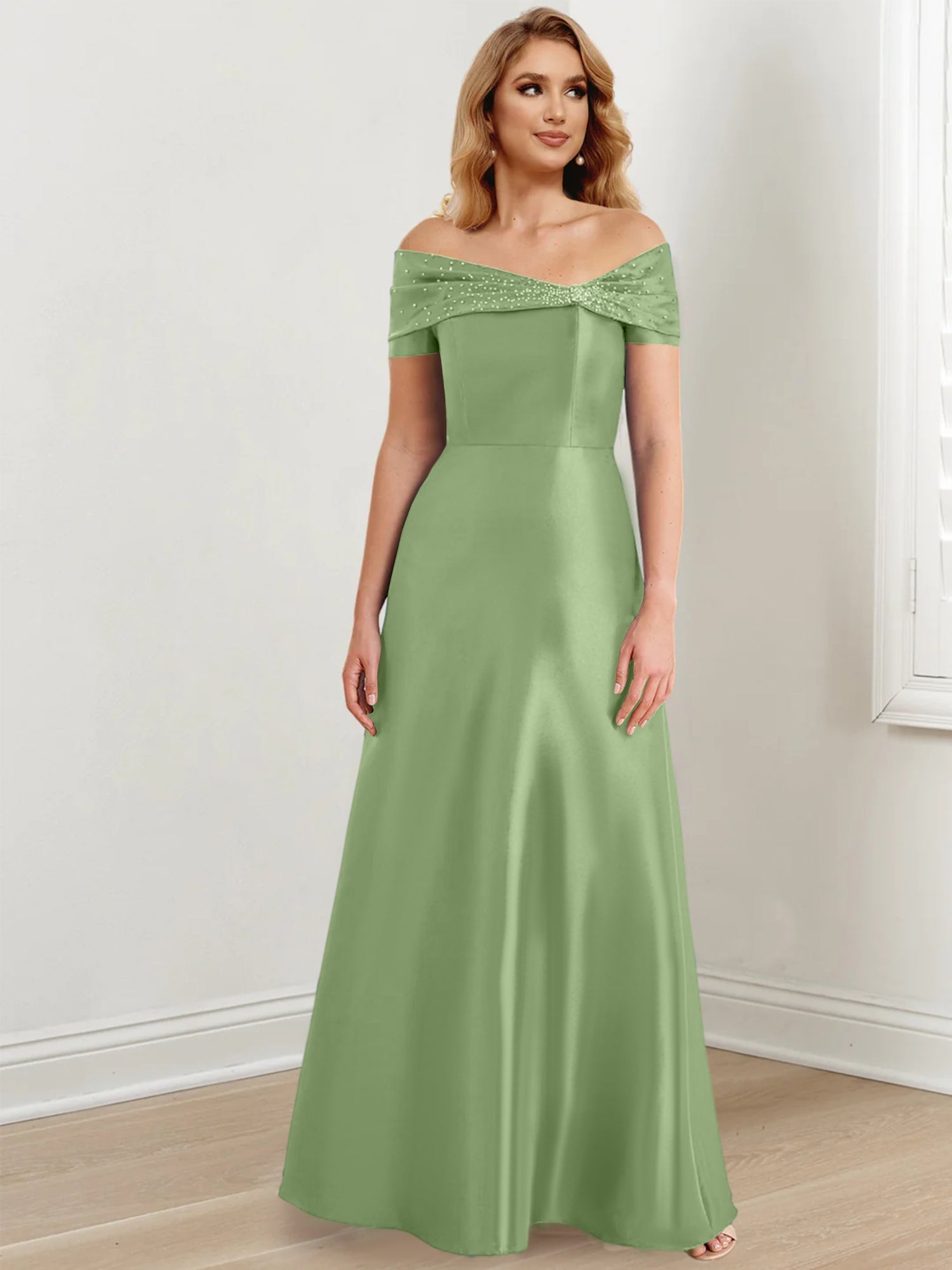 Vestidos de madre de la novia de corte A/princesa, hombros descubiertos y largo hasta el suelo