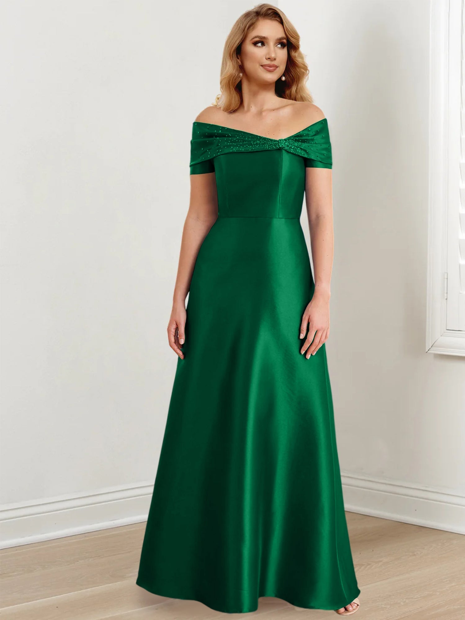 Vestidos de madre de la novia de corte A/princesa, hombros descubiertos y largo hasta el suelo
