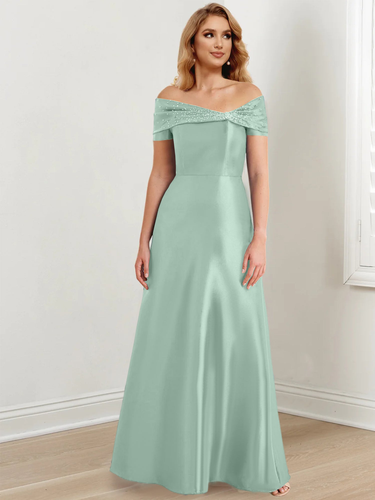 Vestidos de madre de la novia de corte A/princesa, hombros descubiertos y largo hasta el suelo