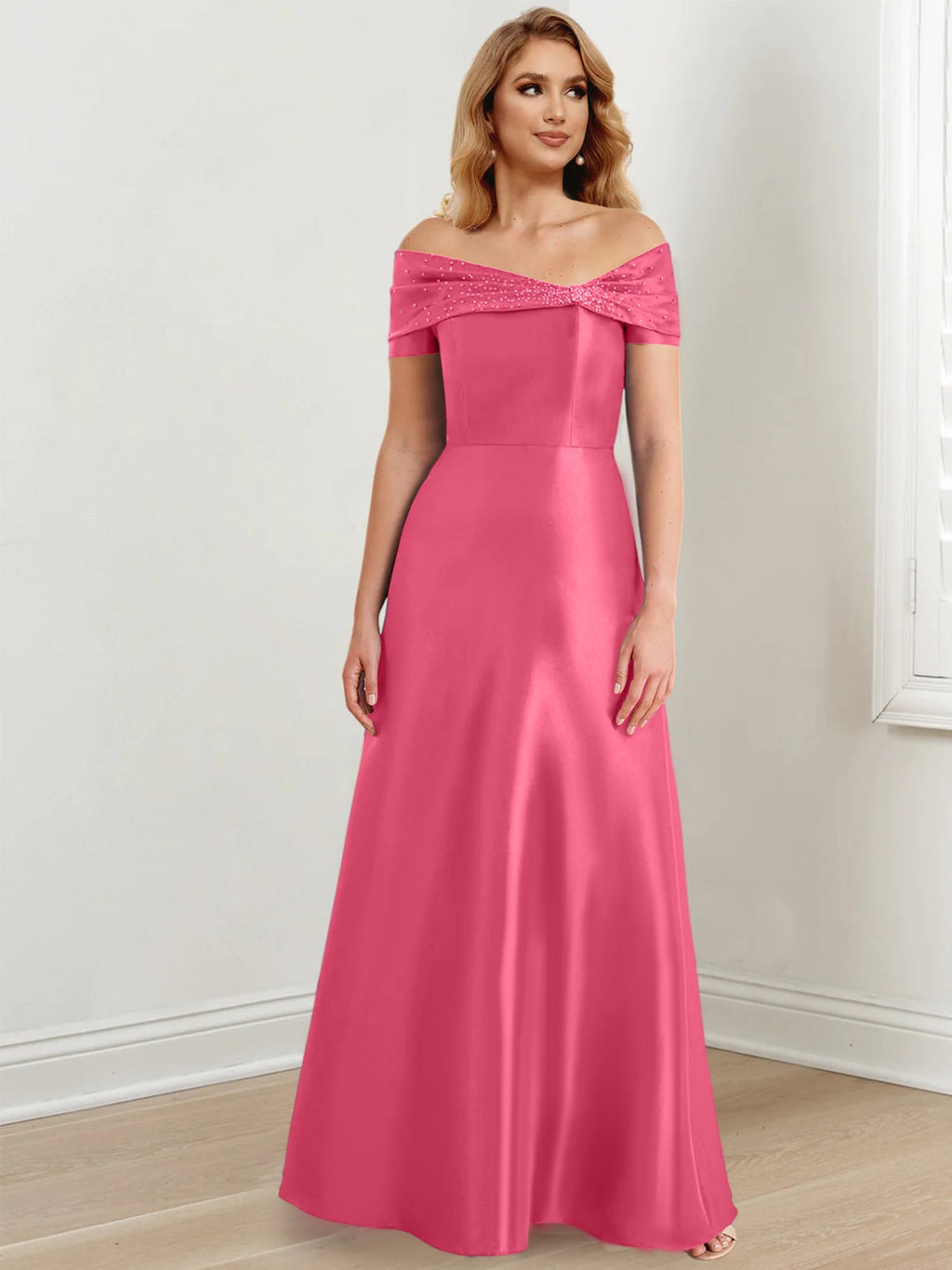 Vestidos de madre de la novia de corte A/princesa, hombros descubiertos y largo hasta el suelo