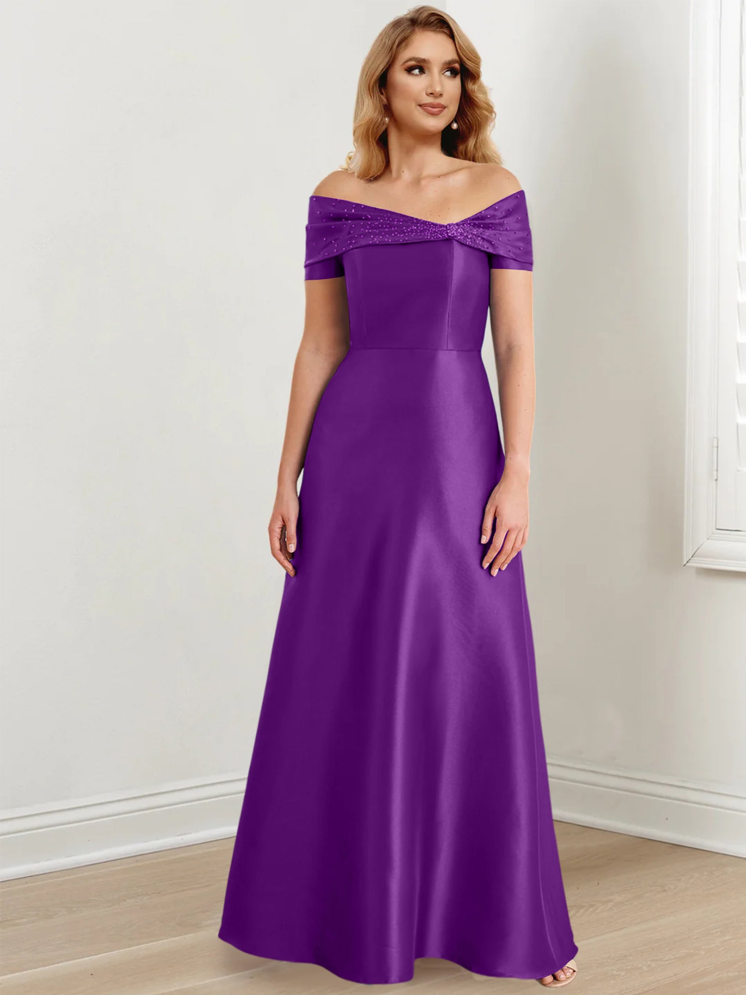 Vestidos de madre de la novia de corte A/princesa, hombros descubiertos y largo hasta el suelo
