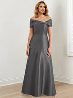 Vestidos de madre de la novia de corte A/princesa, hombros descubiertos y largo hasta el suelo