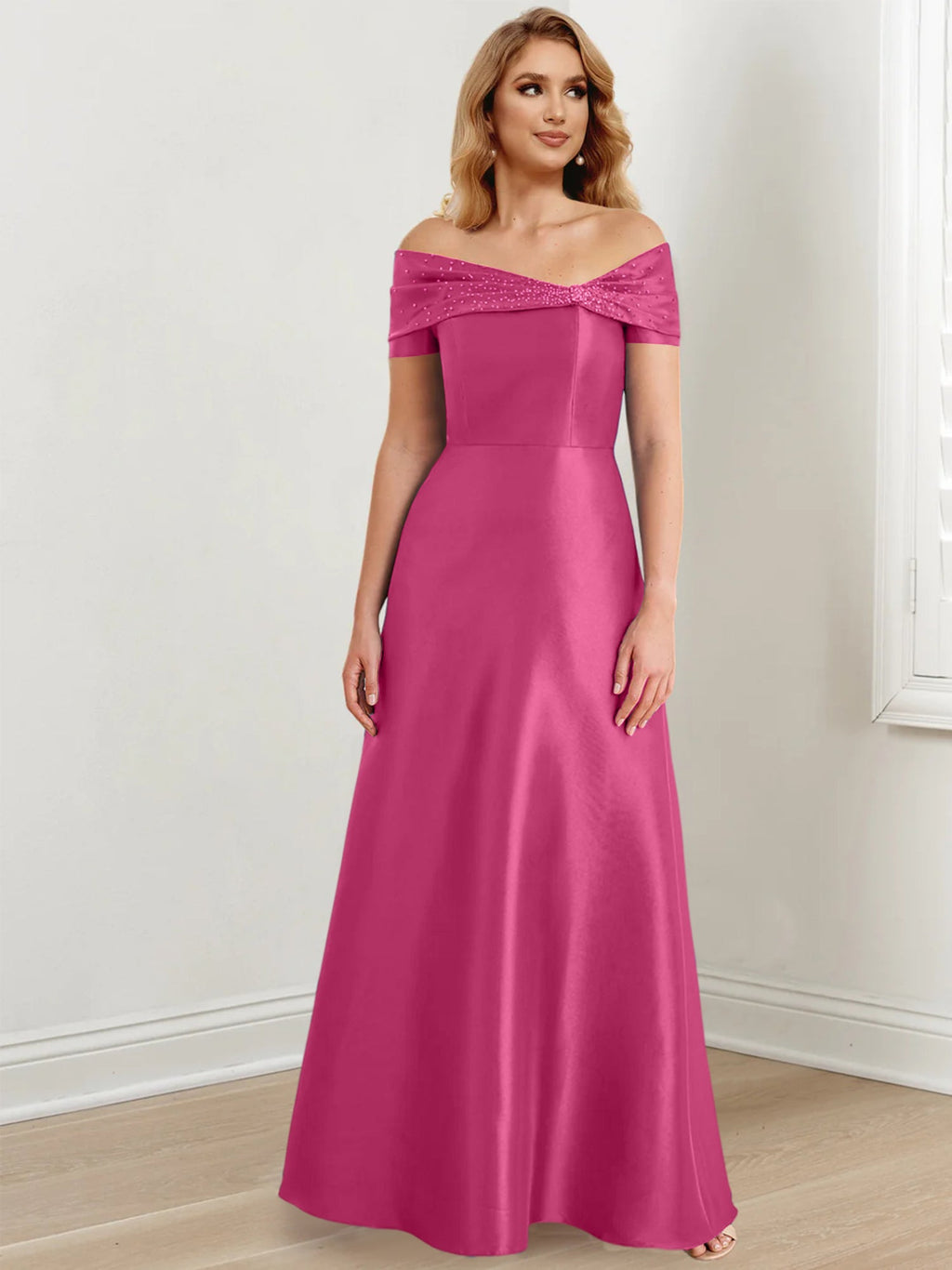 Vestidos de madre de la novia de corte A/princesa, hombros descubiertos y largo hasta el suelo