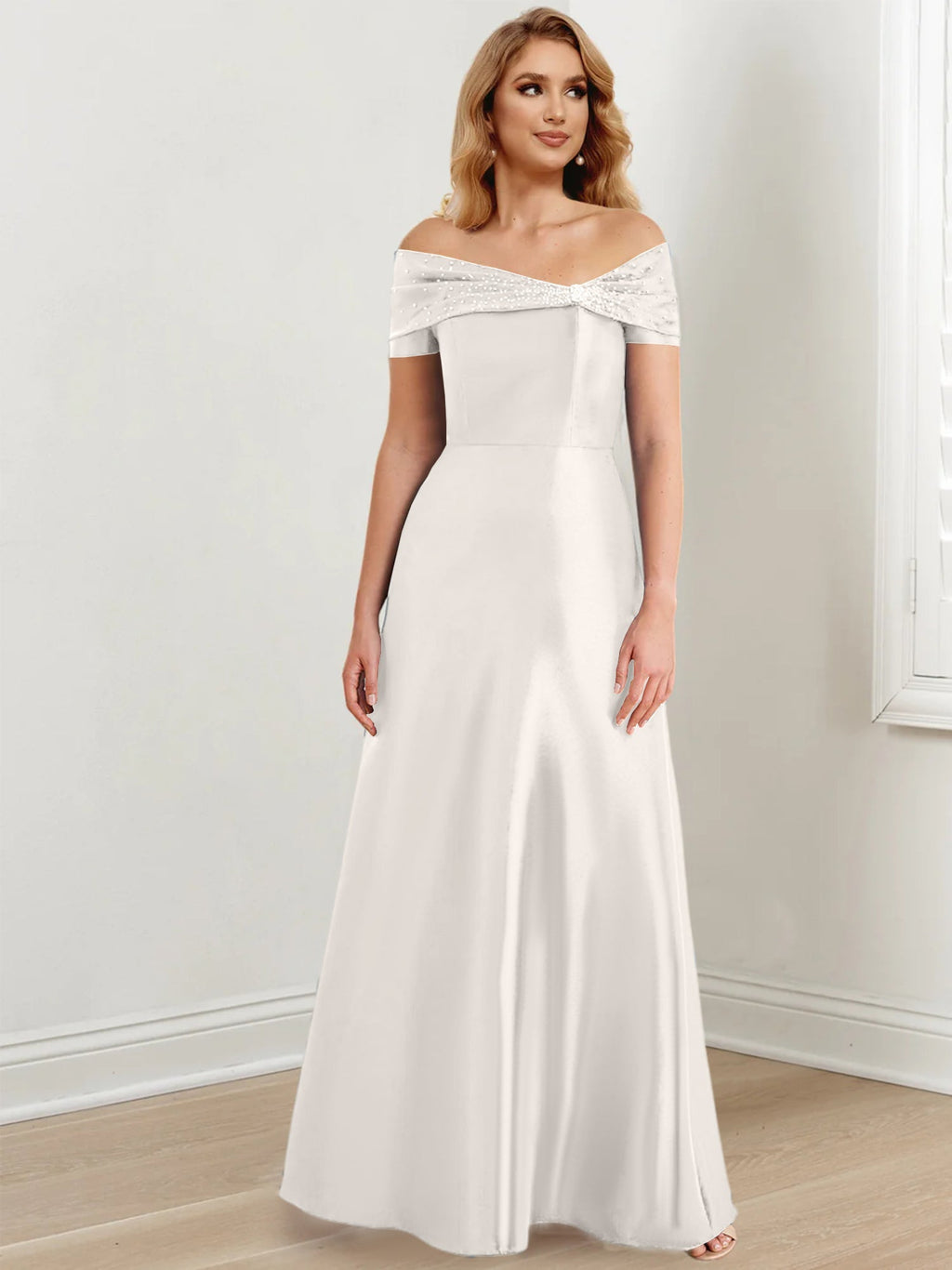 Vestidos de madre de la novia de corte A/princesa, hombros descubiertos y largo hasta el suelo